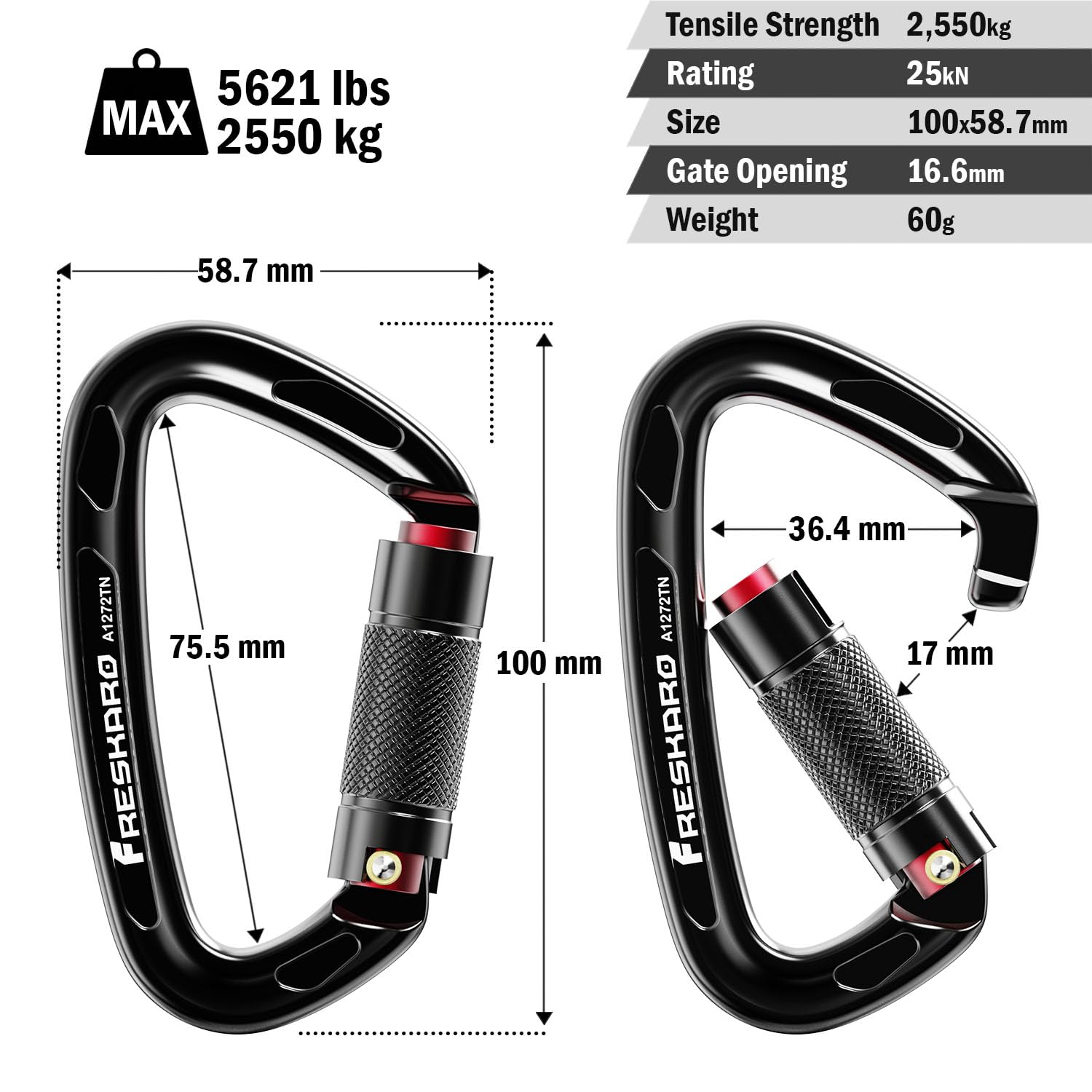 FresKaro CE and UIAA Certified Climbing Carabiners, 25kN/2550kg, Twist Lock, Suit for Rock Climbing, Rappelling, Camping, Dog Leash, Hammock, Swing, Yoga etc, D Shaped, Large Size, Black (Black-2pcs)