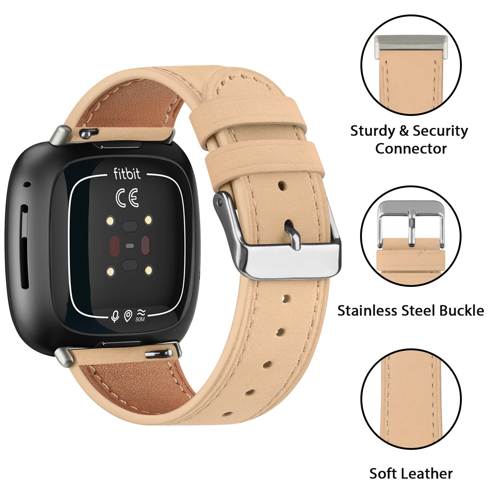 Leather Strap Compatible with Fitbit Versa 3 Straps/Fitbit Sense Strap for Women Men,Genuine Leather Replacement Compatible with Fitbit Versa 3/Fitbit Versa 4/Fitbit Sense 2 (Apricot)