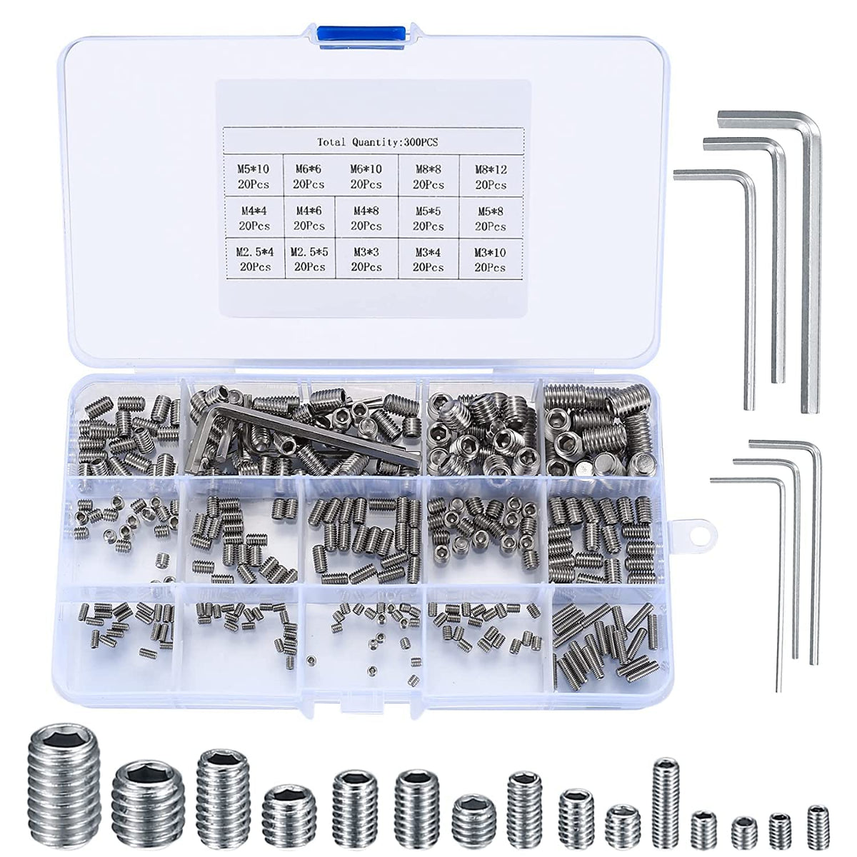 300 Pcs Hex Allen Head Socket Hex Screw Set Assortment Kit, M2.5/M3/M4/M5/M6/M8 Grub Screws, Internal Hex Drive Cup Screws for Door Handles, Faucet, Light Fixture Screws - Silver