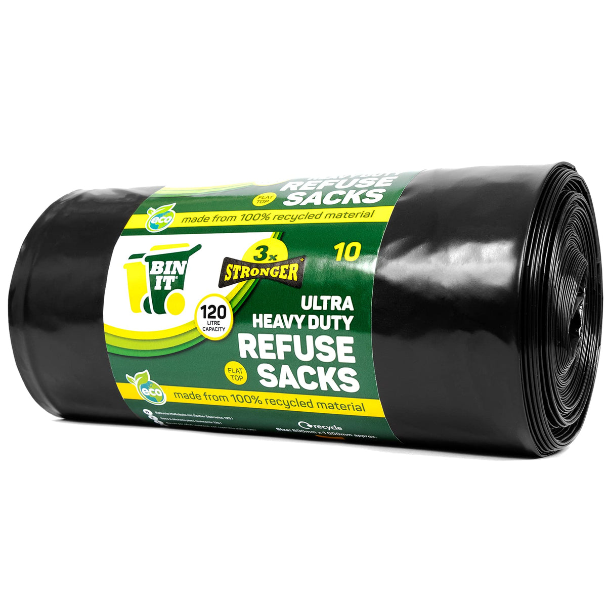 BIN IT 10 Ultra Heavy Duty, 120 Litre XL Refuse Sacks, Bin Bags, Bin Liners, 80kg Lift Tested, Super Strong, 60 μm, Perfect for Household, Office, Garden, Commercial, DIY, Caterers, Builders