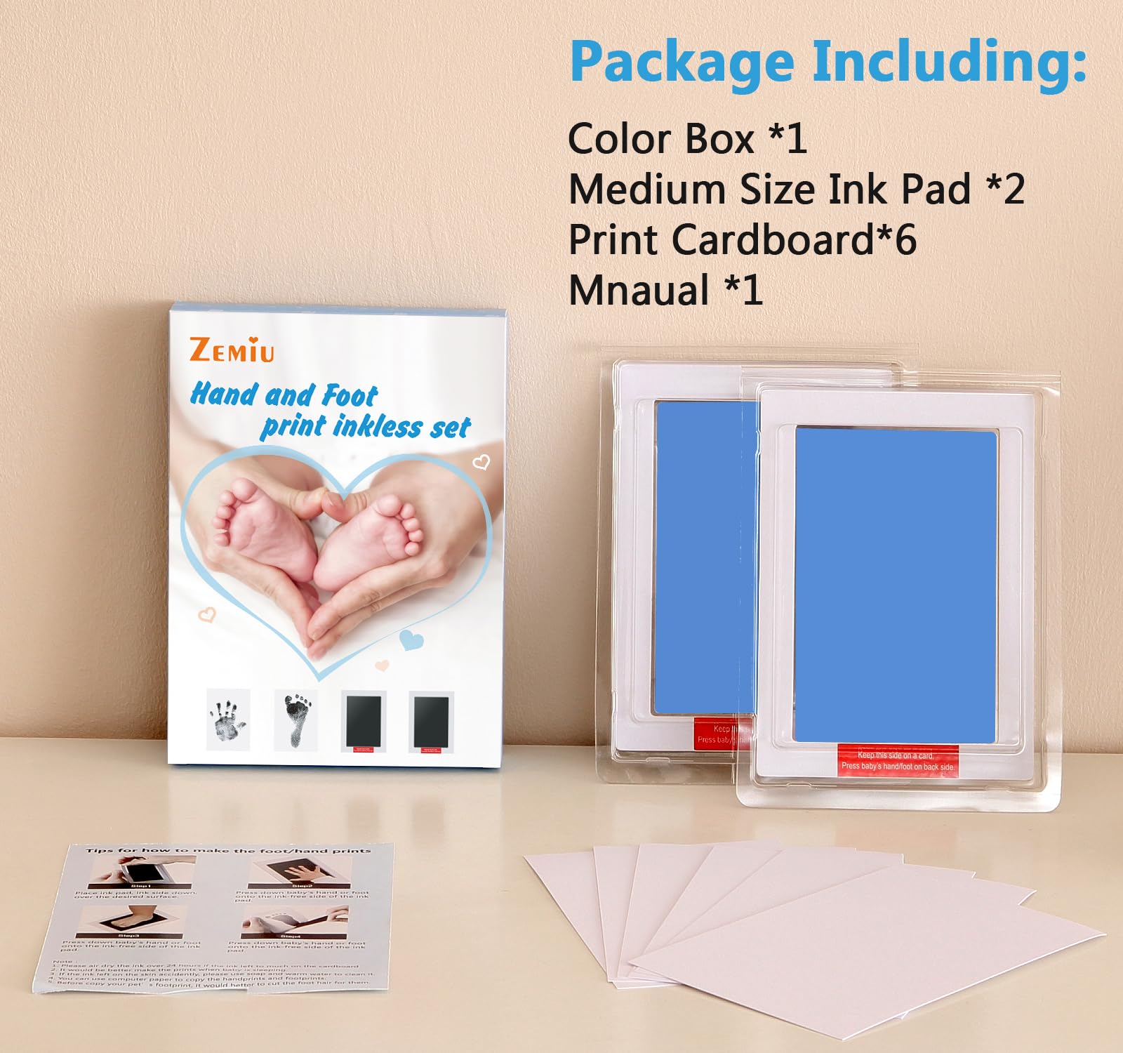 Zemiu Baby Handprint and Footprint XL Size Kit,2 Blue Baby Handprint Ink Pads with Clean-Touch & 6 Imprint Cards,Inkless Print Kit Safe Non-Toxic for Baby Feet and Hands, Family Keepsake, Pet Paw