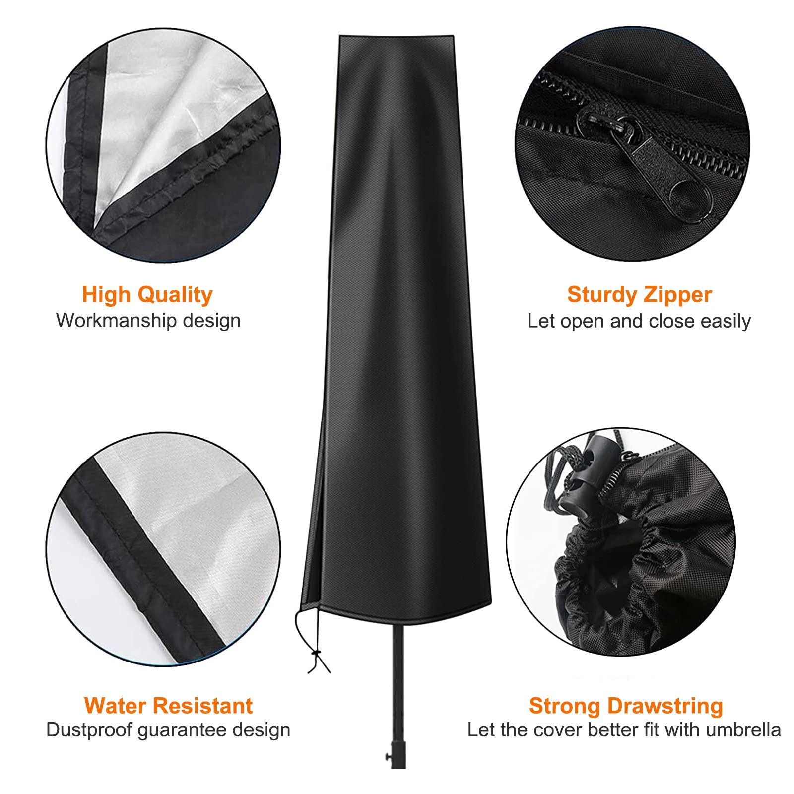 OKPOW Parasol Covers Waterproof 600D Oxford Fabric Patio Umbrella Cover with Zip (190 * 30 * 50cm), for 2m 2.2m 2.3m 2.4m 2.5m 2.7m 2.8m 3m Garden Outdoor Umbrella (Black)