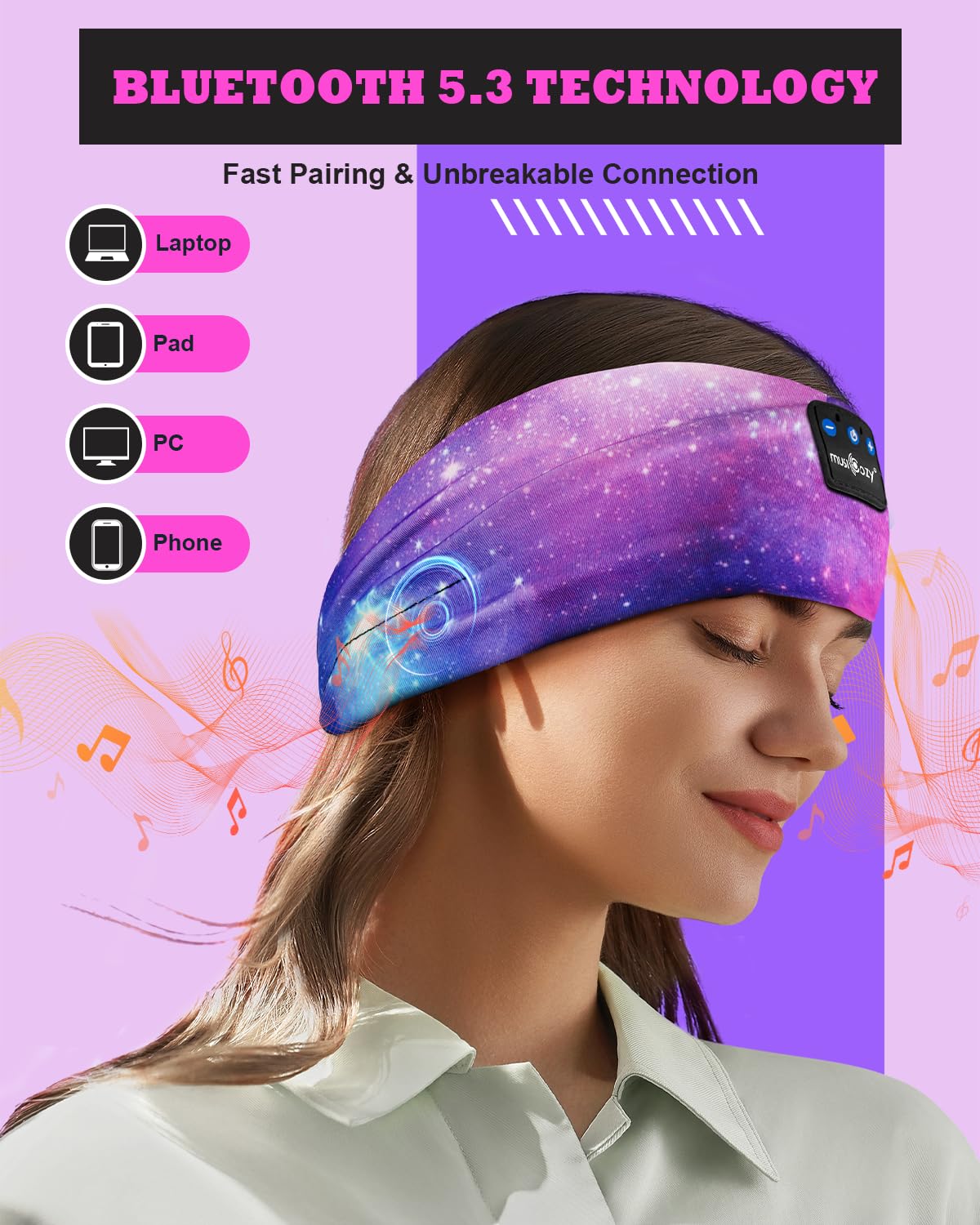 MUSICOZY Sleep Headphones Bluetooth 5.3 Headband Headphones Soft Galaxy Music Headband with HD Stereo Sound,Tech Gifts for Men Women Teens,Reusable Headphones for Sleeping Yoga Sport Fitness Relax