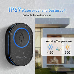 Wesstun Wireless Doorbell, IP67 Waterproof Plug in Doorbell Wireless Cordless at The Range of 300m with 39 Chimes, 5 Levels Volume Adjust & LED Indicator, Easy Install at Home & Apartment, Black