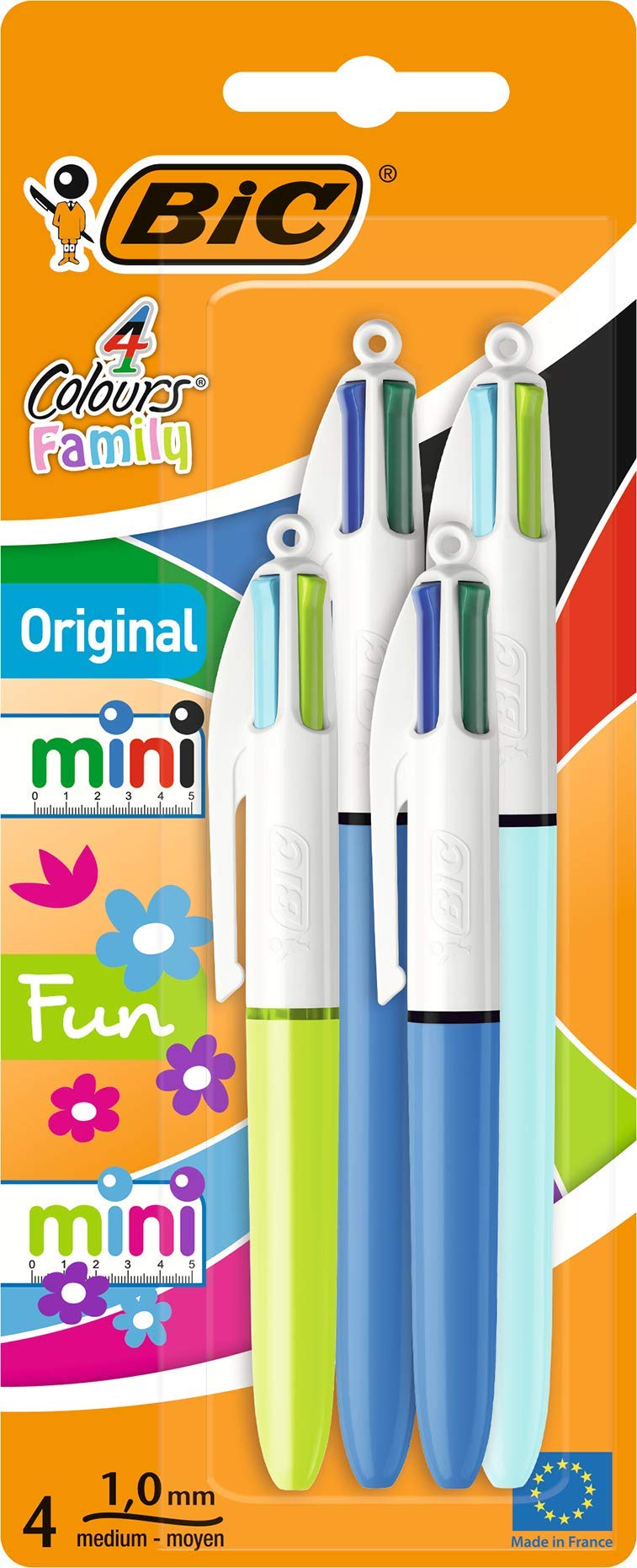 BIC 4 Colours Family Pen Pack of Retractable Ballpoint Pens with Four Ink Colours, Set of 4 (2 Mini, 2 Original)