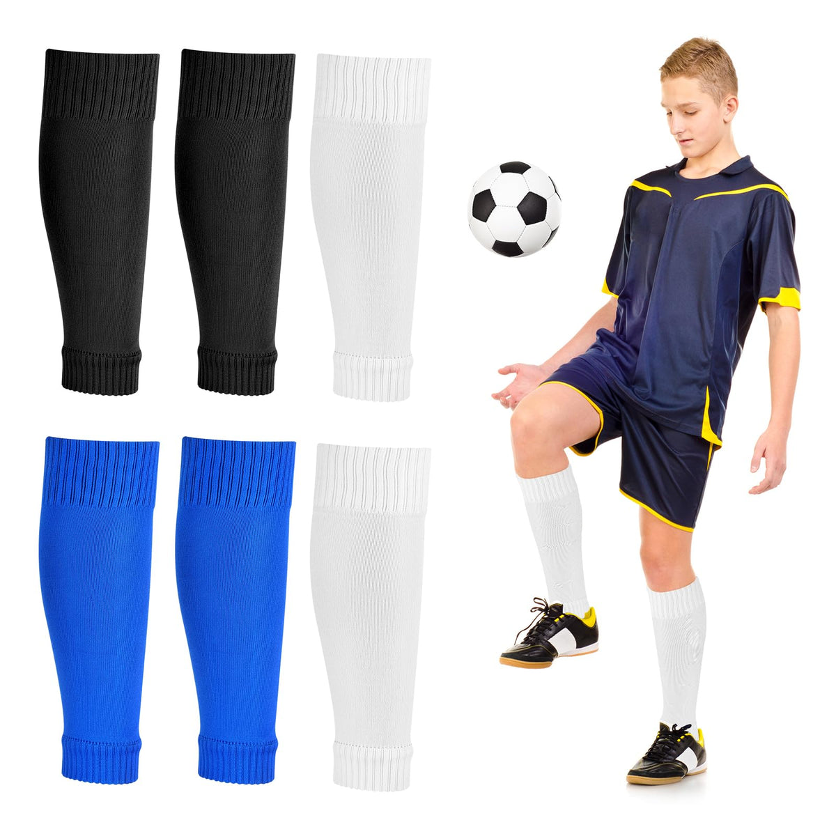 Peaken Football Sock Sleeve, 3 Pair Team Leg Sock Black Sock Sleeve Football for Football Running or Training Beginner (Kids, Black/Blue/White)