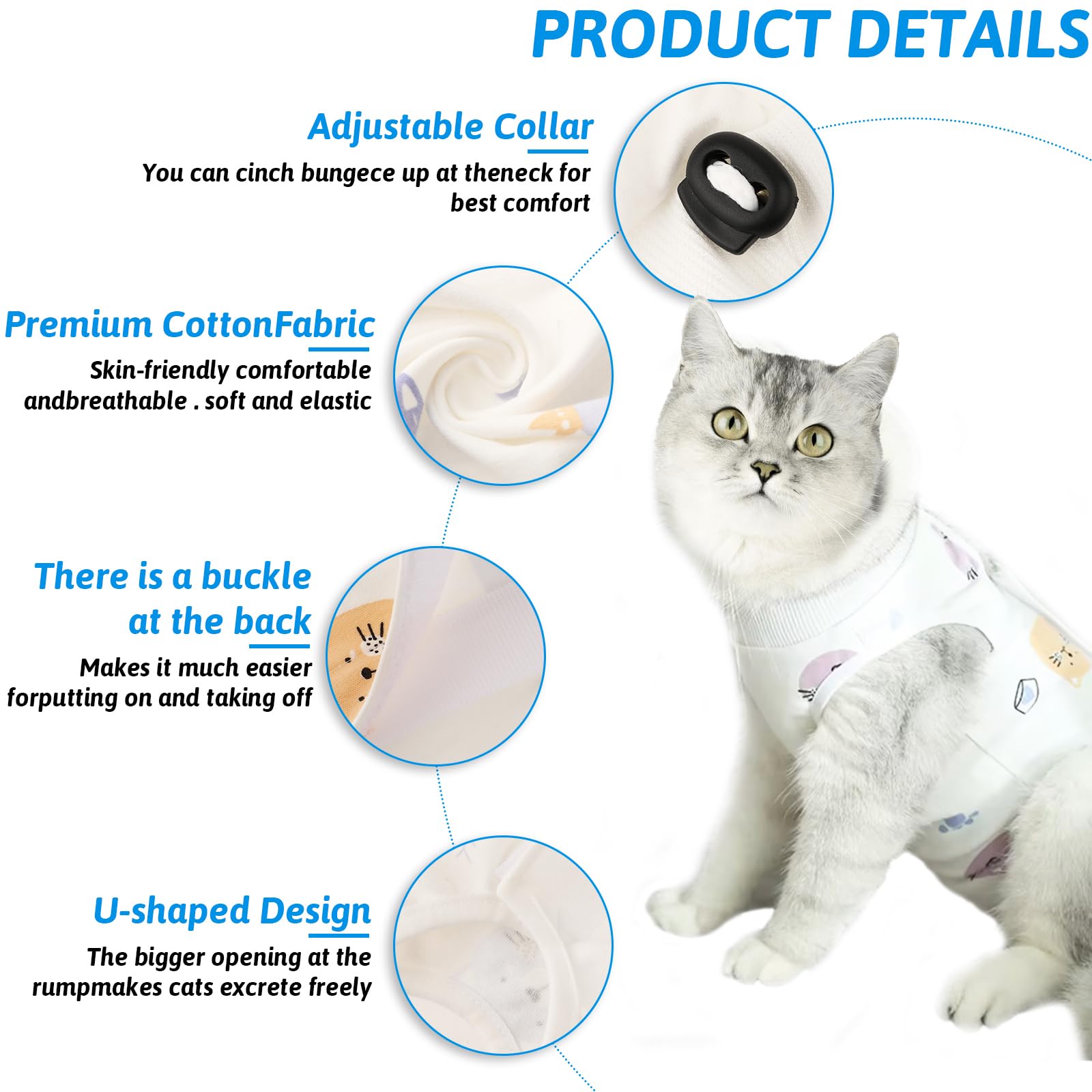 WLLHYF Cat Surgery Recovery Suit Breathable Kitten Onesie Full Bodysuit Clothes Post Neuter Surgery Spay Cone Anti Licking Abdominal Wound Protector for Small Male Female Pets (Small)