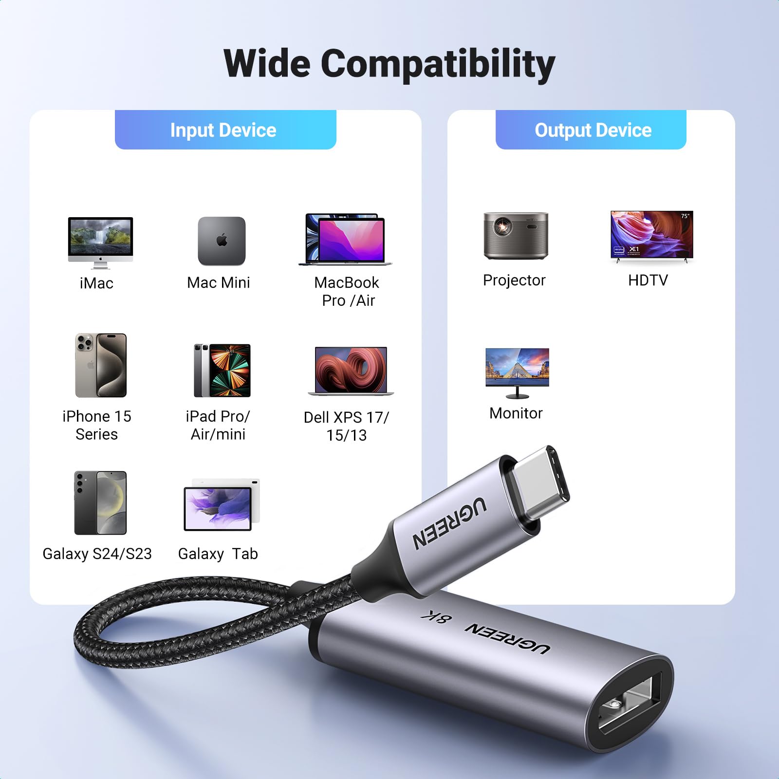 UGREEN USB C to DisplayPort Adapter [8K@60Hz, 4K@240Hz, 2K@240Hz], DP.14, Thunderbolt 3/4 to DP Converter with HDR, VRR & ALLM, Compatible with iPhone 15 Series, MacBook, Mac Mini, iPad, XPS, Galaxy