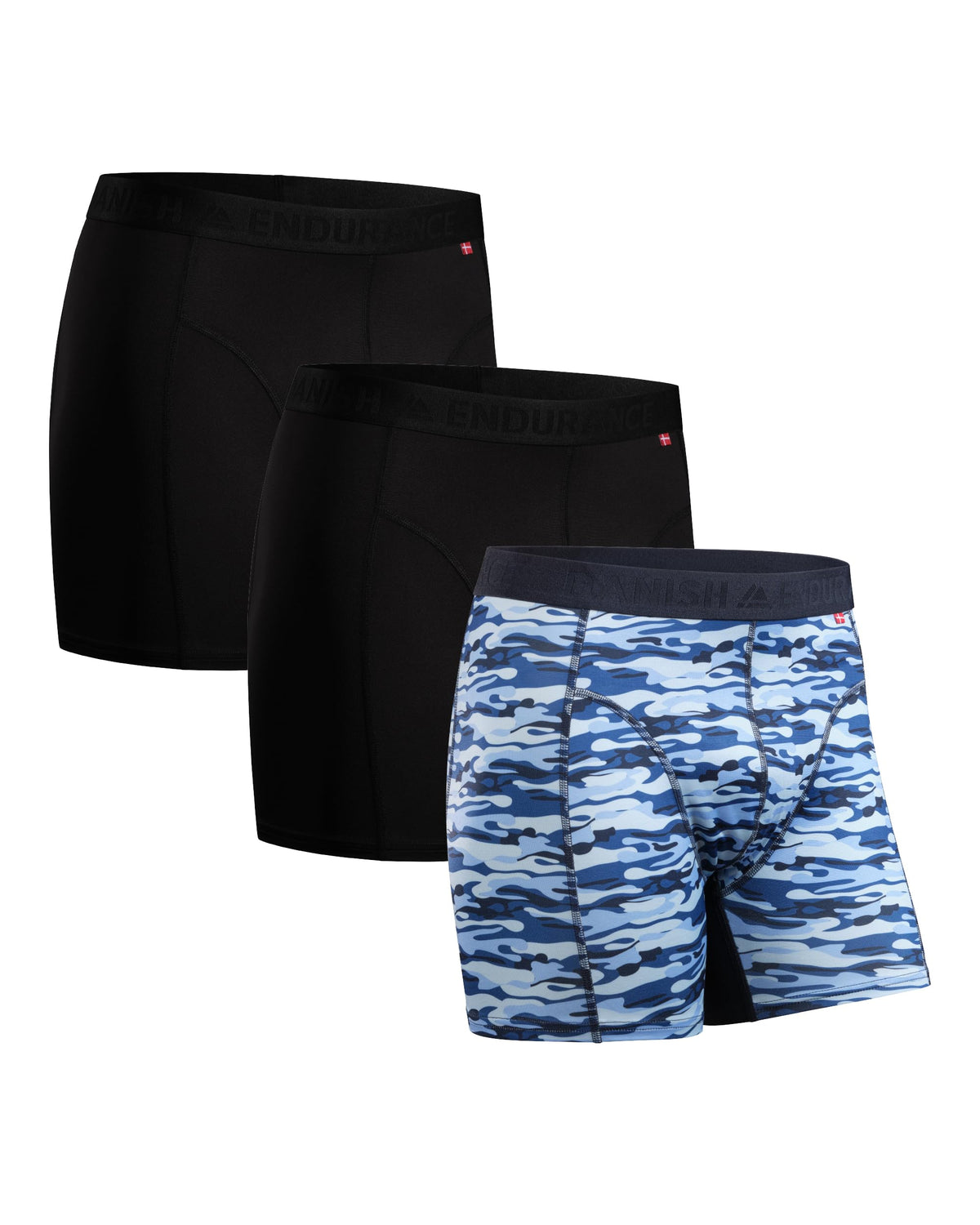 DANISH ENDURANCE Men's Sports Trunks, Breathable, Soft, Quick Dry, 3 Pack, Multicolor (2 x Black, 1 x Blue Camouflage), Large