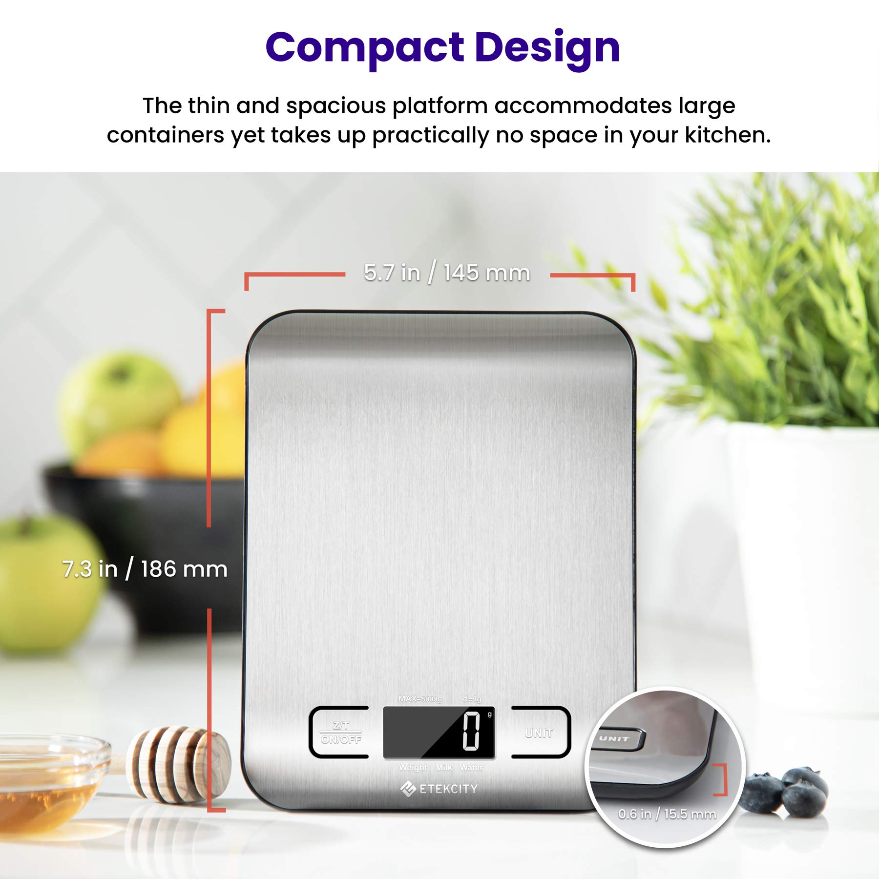 Etekcity Digital Kitchen Scales, Premium Stainless Steel Food Scales, Professional Food Weighing Scales with LCD Display, Incredible Precision up to 1 g (5 kg Maximum Weight), Silver