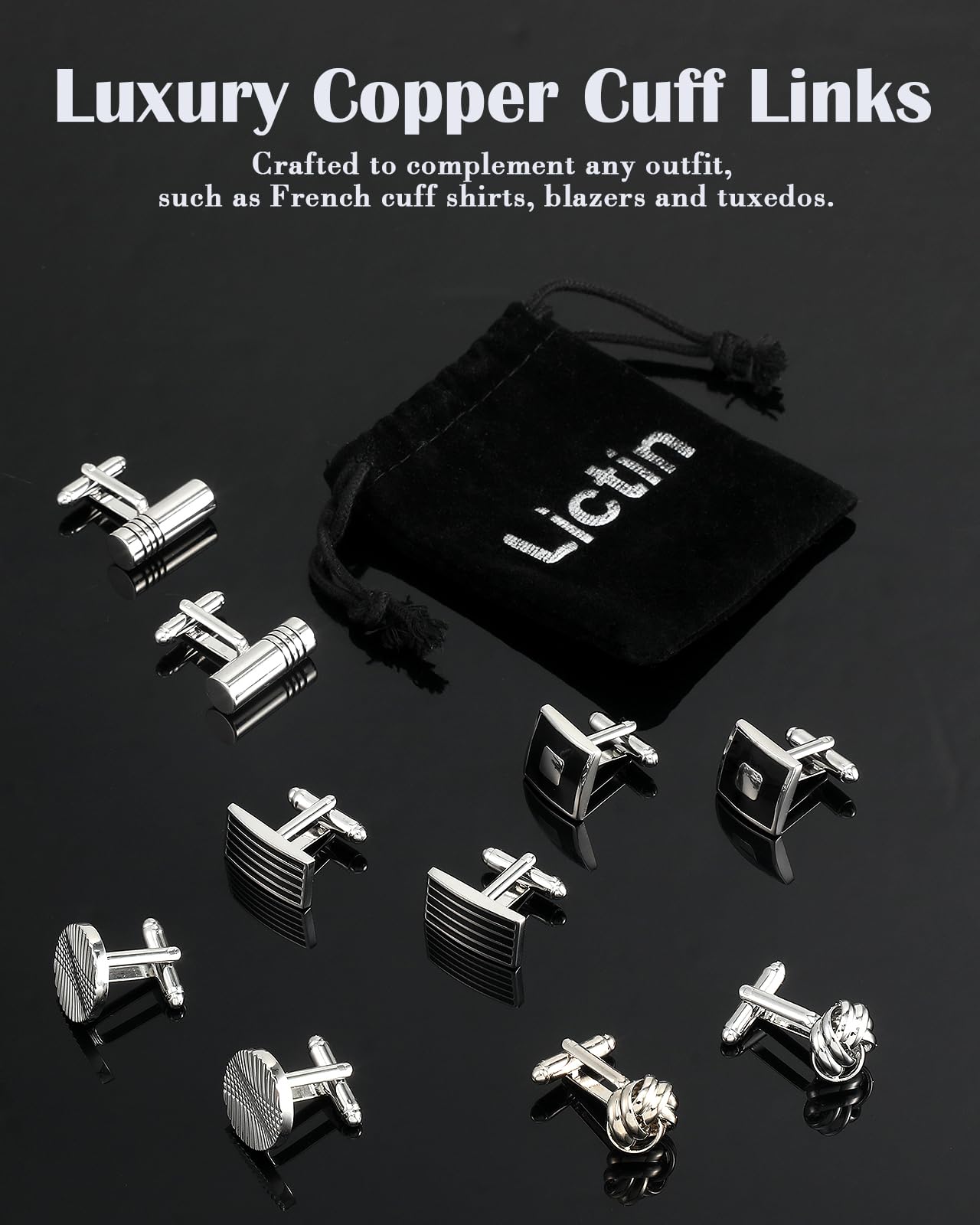 Lictin Men's Cufflinks Cuff Links for Men, 5 Pairs Stainless Steel Classic Tone Cufflinks Black Striped Cuff Links Shirt Suit Cufflinks