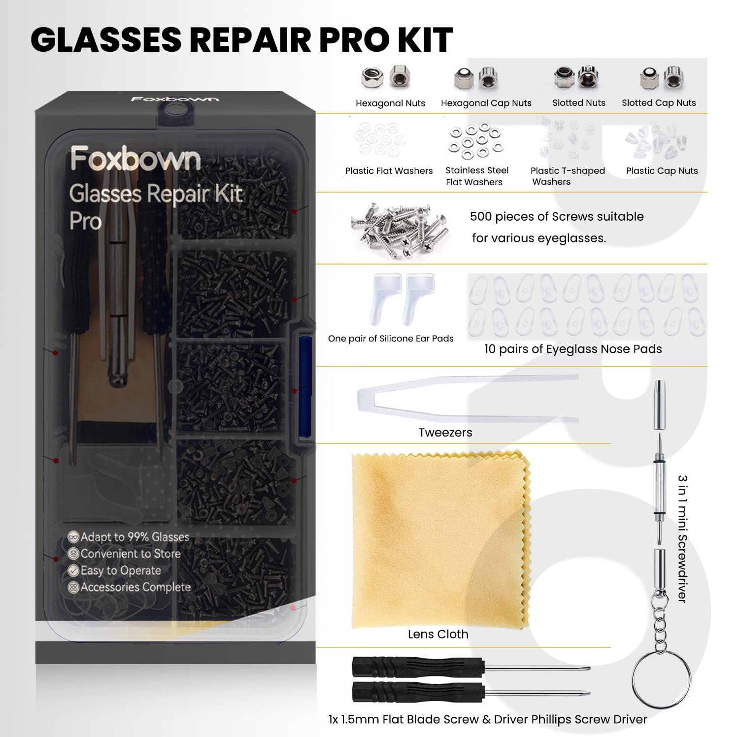 Foxbown Glasses Repair Tool Kit, 500 Pcs Spectacles Repair Screws Set with Mini Screwdriver, Screws Nuts, Silicone Nose Pads, Tweezer, Glasses Cloth