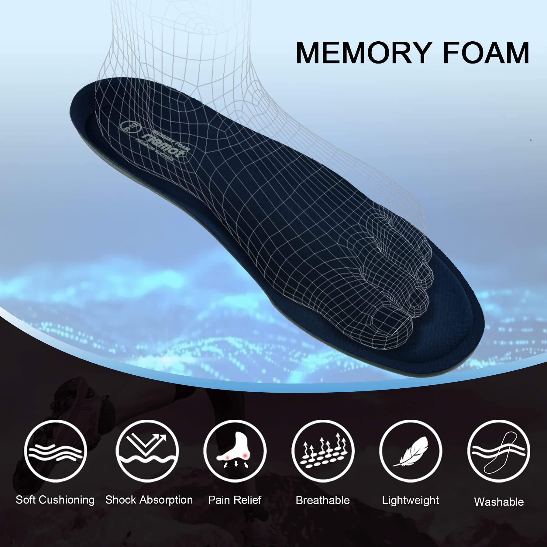 riemot Memory Foam Insoles for Men and Women,Replacement Shoe Inserts for Sports Shoes,Trainers,Sneakers,Work Boots and Walking Shoes, Women Navy 3 UK 3 / EU 36