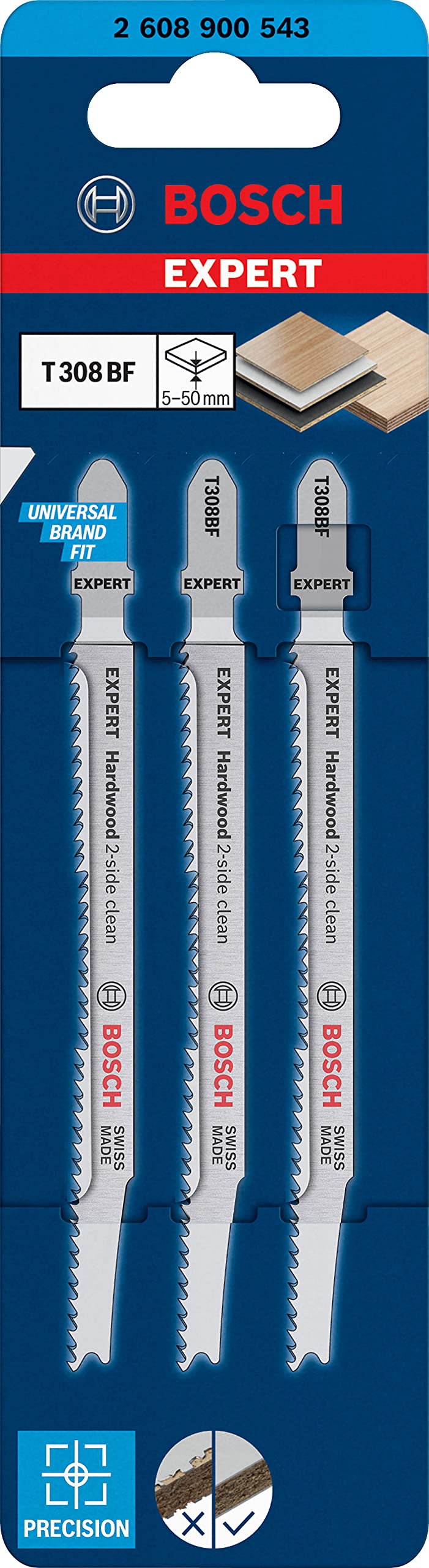 Bosch Professional 25x Expert ‘Hardwood 2-Side Clean’ T 308 BF Jigsaw Blade (for Plastic coated boards, Multiplex board, Length 117 mm, Accessories Jigsaw)