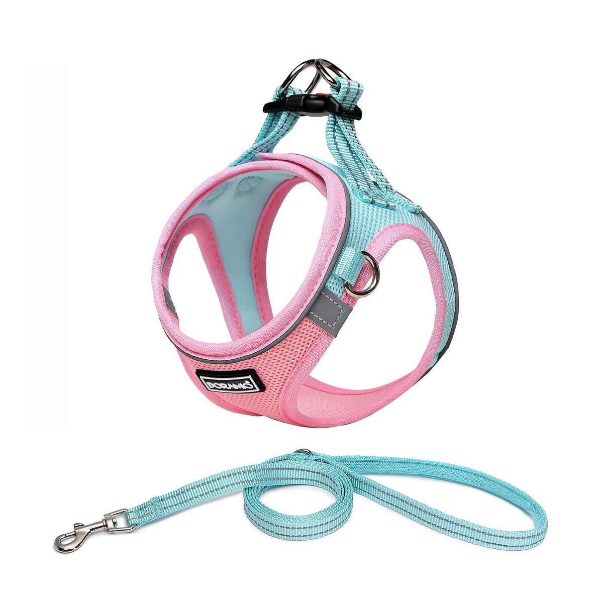 DORAMIO Step-in Dog Harness and Leash Set, No-Chock Soft Mesh Reflective Breathable Easy Walk Escape Proof Vest Harnesses with Safety Buckle for Small Medium Dogs, Cats, Puppies (M, Pink Blue)