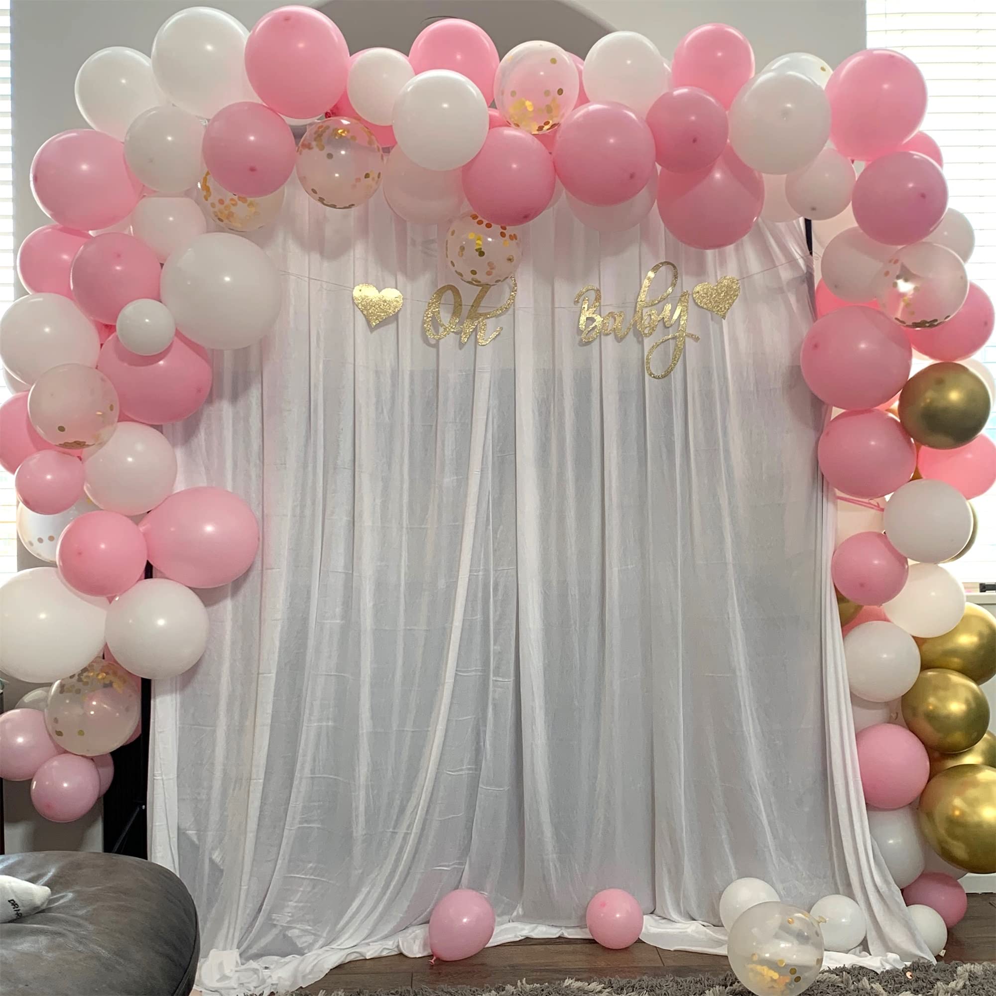 Balloons Pink White and Gold, 12 Inch Pastel Pink Pearl White Metallic Chrome Gold Confetti Latex Balloons, Baby Pink Gold Party Balloons Set for Girls Baby Shower Birthday Princess Party Decorations