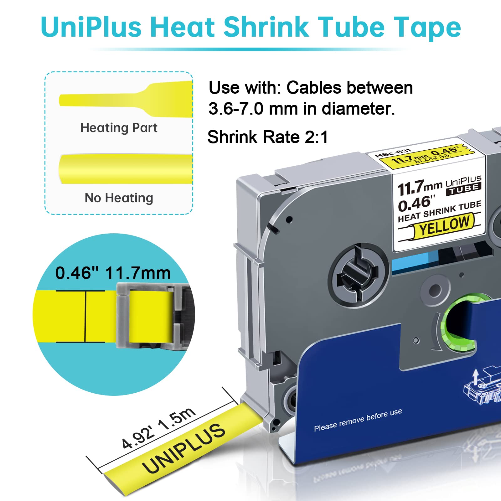 UniPlus 3X Compatible with Brother 11.7mm Heat Shrink Tube Label Tape Replacement for HSe-631 HSe631 Black on Yellow for P-Touch PT-E110 PT-E300 PT-D600 PT-E550W PT-P750W PT-H300 PT-D450 PT-D800W