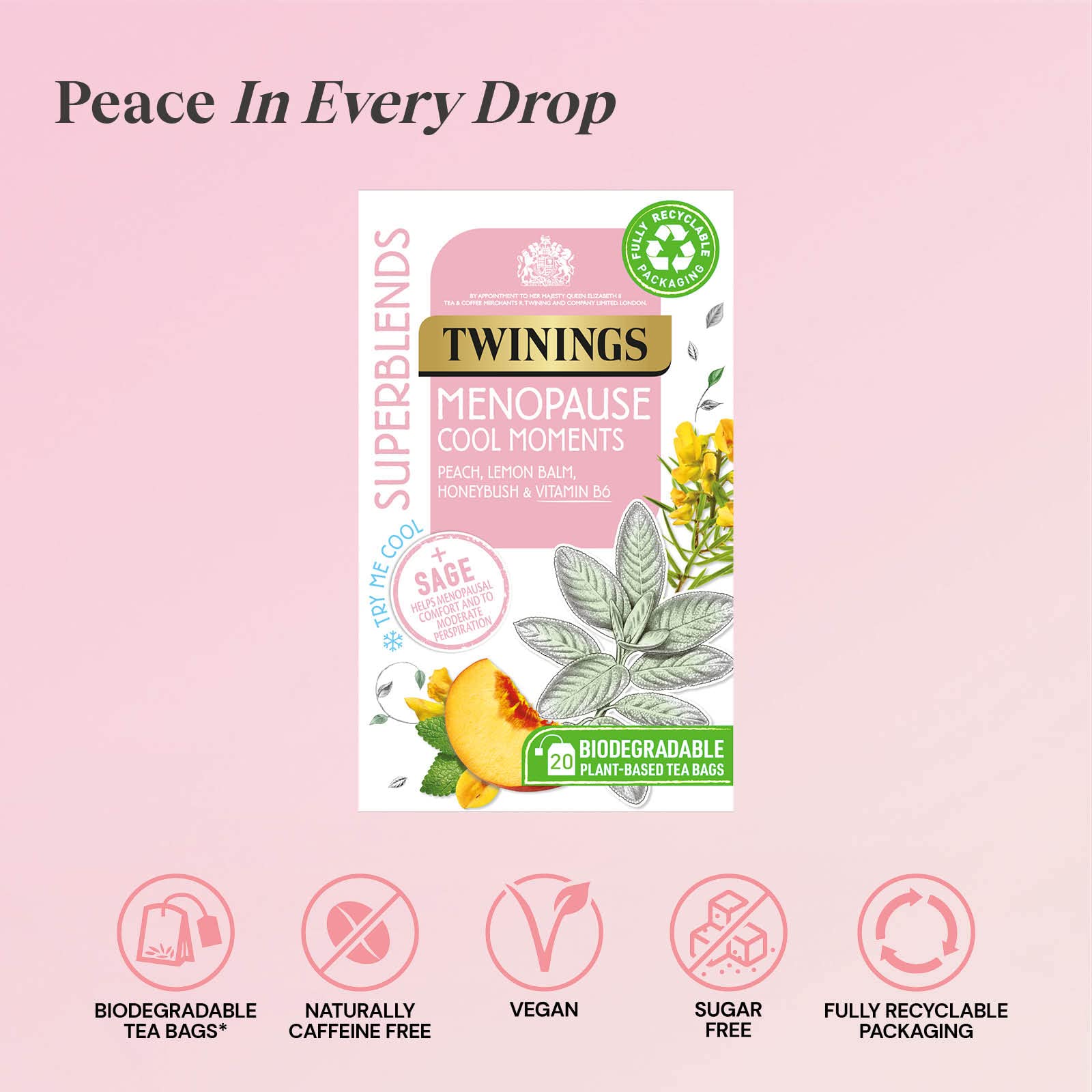 Twinings Superblends Menopause Cool Moments Peach Herbal Tea infusion with Lemon Balm, Honey Blush & Vitamin B6, 20 Biodegradable Bags