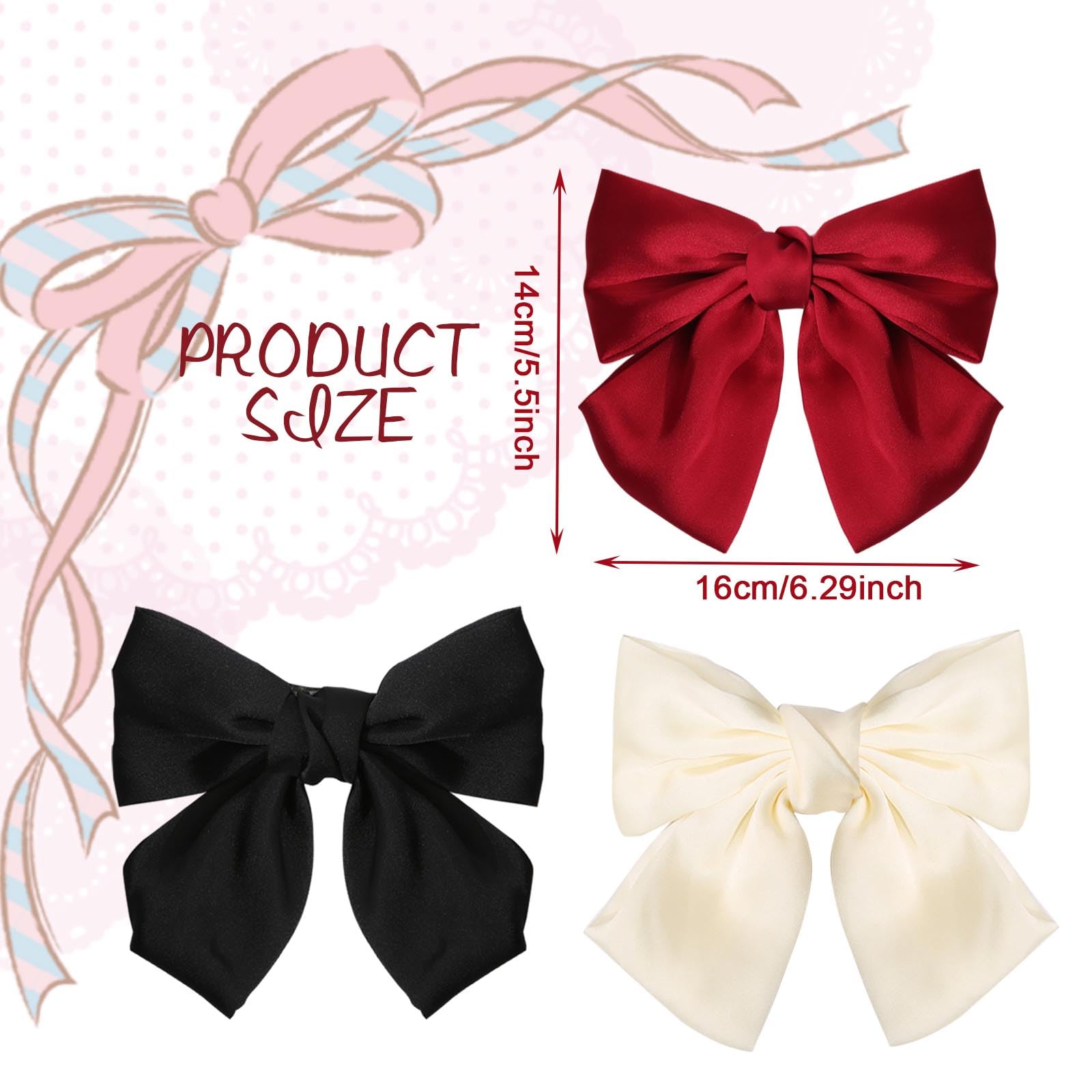 GWAWG 3PCS Bow Hair Clip，Hair Bows Barrettes Solid Color,Soft Satin Silky Hair Bows for Women Girls(Black, White, and Red)