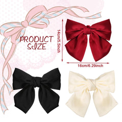 GWAWG 3PCS Bow Hair Clip，Hair Bows Barrettes Solid Color,Soft Satin Silky Hair Bows for Women Girls(Black, White, and Red)