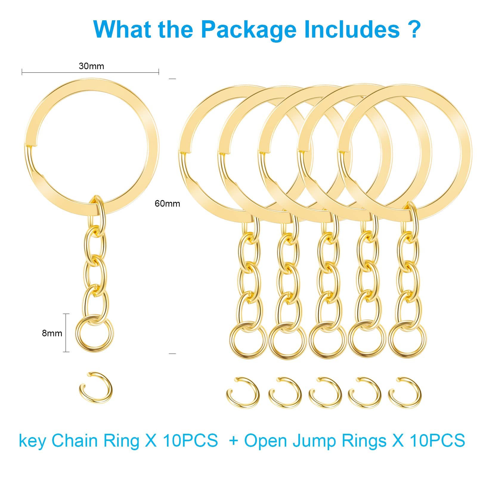 YHYZ Keychain Ring Set (Gold, 20 Sets), Splits Key Ring Hoops (Round) with Chain and Jump Rings, for DIY Craft Tassels Resin Art Jewellery Making Attachment