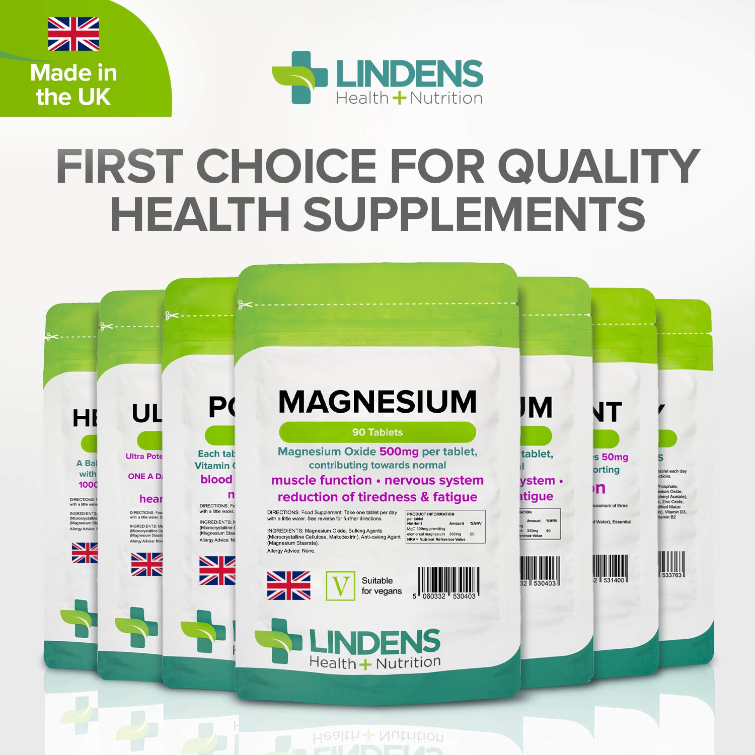 Lindens 500mg Magnesium Tablets   90s 1-a-Day   Made in The UK   Tiredness, Muscle Function, Energy, Bones, Teeth, Nervous System   Letterbox Friendly   Vegan