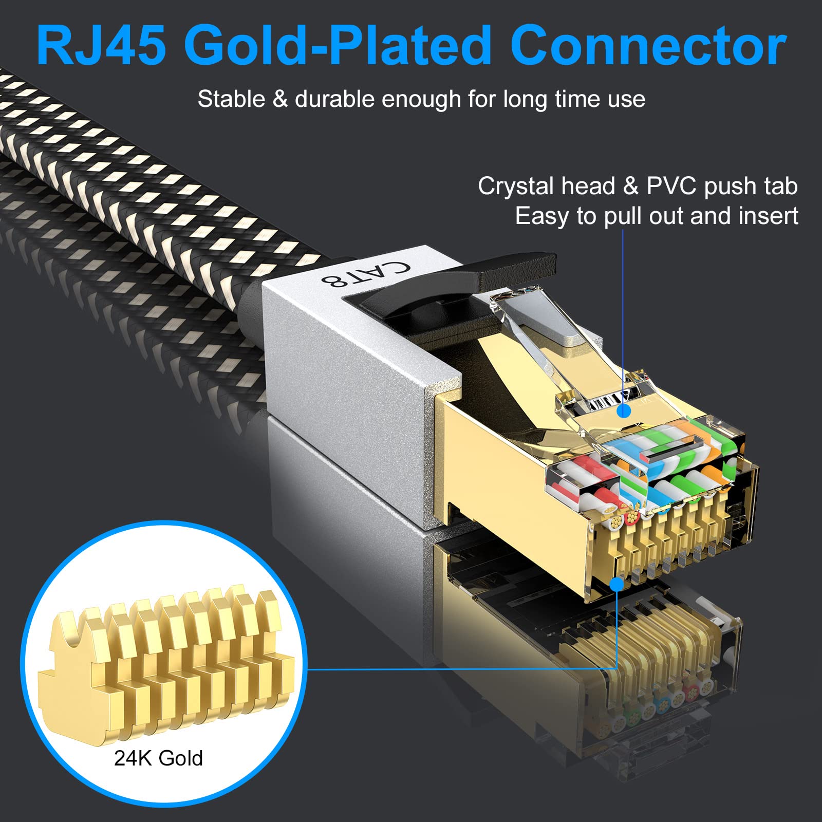 Cat 8 Ethernet Cable 10M, High Speed Gigabit Nylon Braided Lan Network Cat8 Patch Cord, 40Gbps 2000Mhz RJ45 Flat Cable Shielded, Indoor&Outdoor for Modem/Router/switch, Faster than Cat5e/Cat6/Cat7