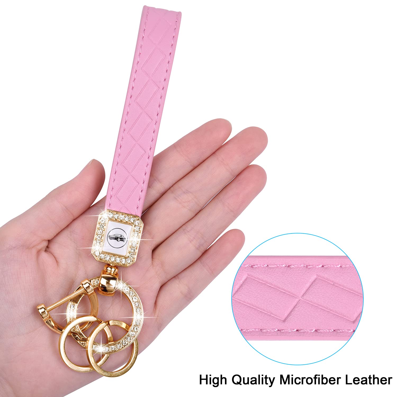 wisdompro Bling Leather Car Keychain, Universal Microfiber Leather Key FOB Keychain, Key Chain Holder with Sparkly Rhinestones and Anti-lost D-Ring for Men, Women - Pink