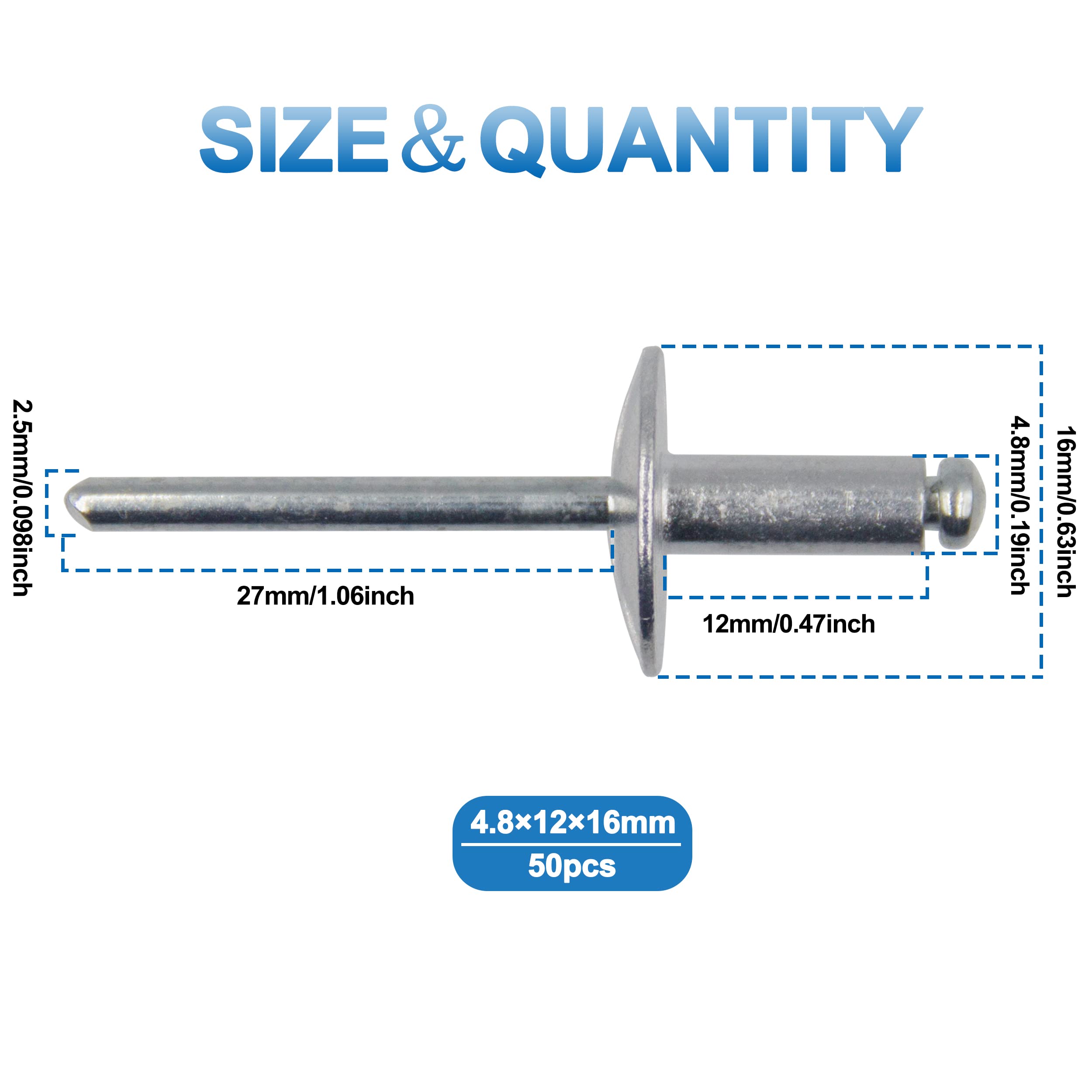 BESTYCHAO 50pcs Aluminum Blind Rivets with Large Flange 4.8mm x 12mm, Pack of 50 (Sliver)