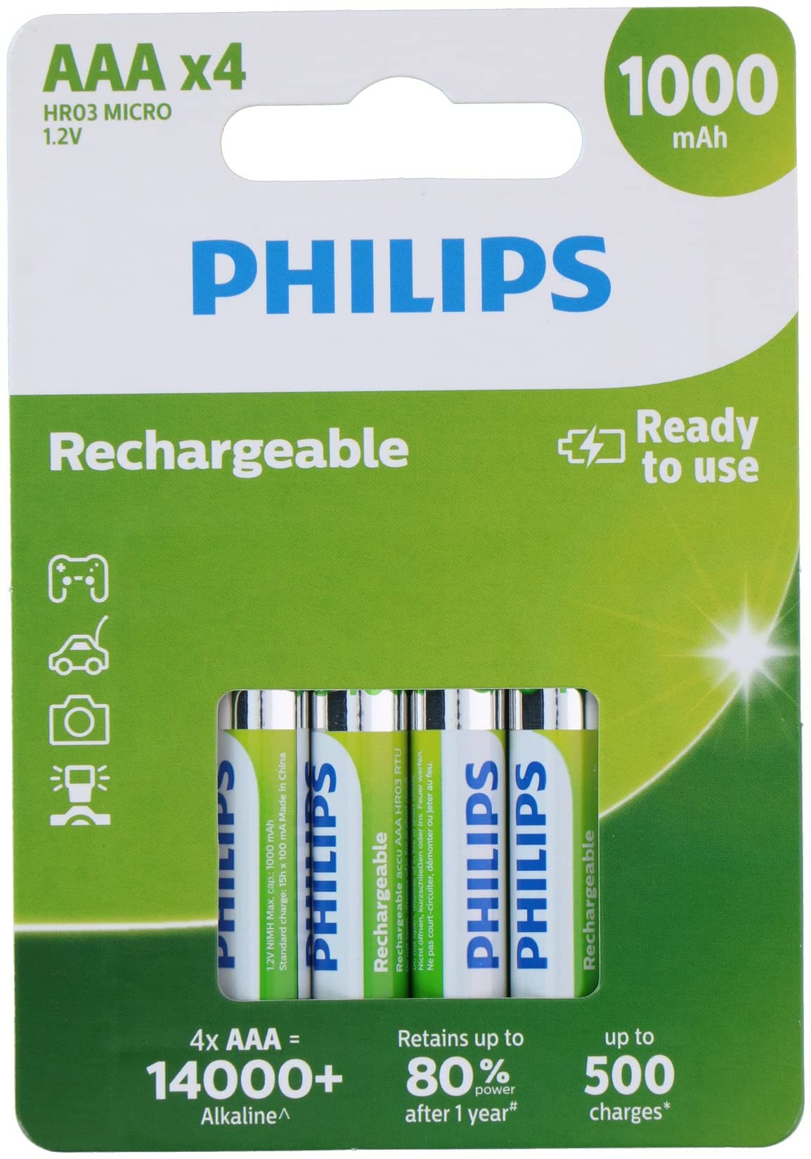 PHILIPS AAA Batteries - HR03 Rechargeable Batteries - NiMH 1.2V - 500 Recharges