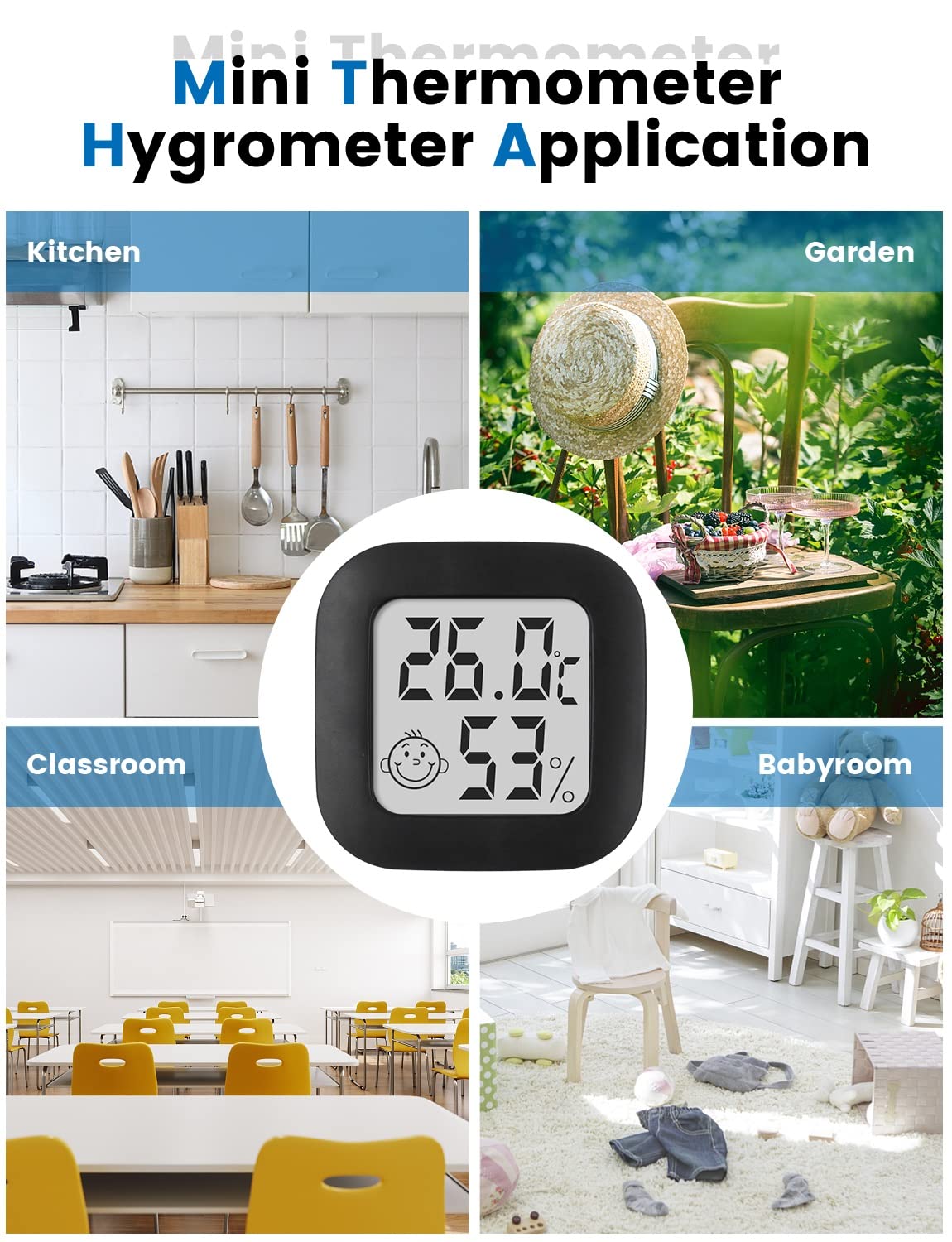 Digital Hygrometer Indoor Thermometer Room Thermometer and Humidity Gauge with Temperature Humidity Monitor for Greenhouse, Garden, Cellar (4, black, 4.3cm*4.3cm)