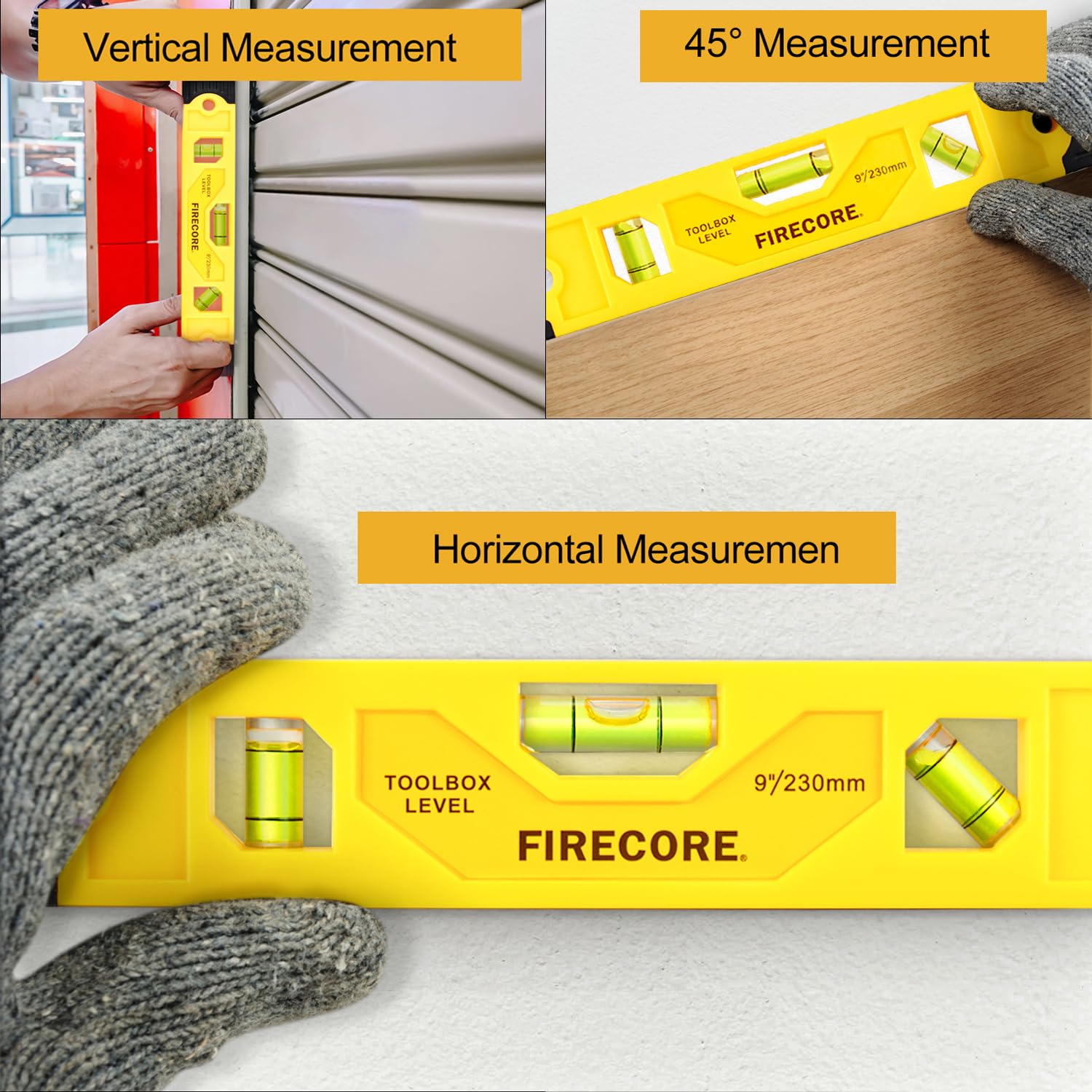 Spirit Level, Firecore Small Spirit Level, Level Tool, Magnet Torpedo Level with 3 Bubble 45°,90°,180°, 230mm/23cm/9Inch - FSL230PC