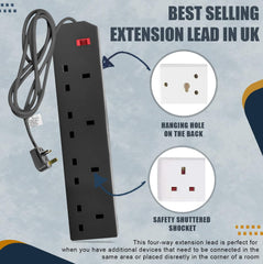 K-MART 4 Gang 2 Metre Extension Lead UK Pin Plug And Cable   250v Power Adapter Multi Plug Extension Socket Strip For Home And Office   Wall Mountable Extension Cable   3 Pin Extension Cords