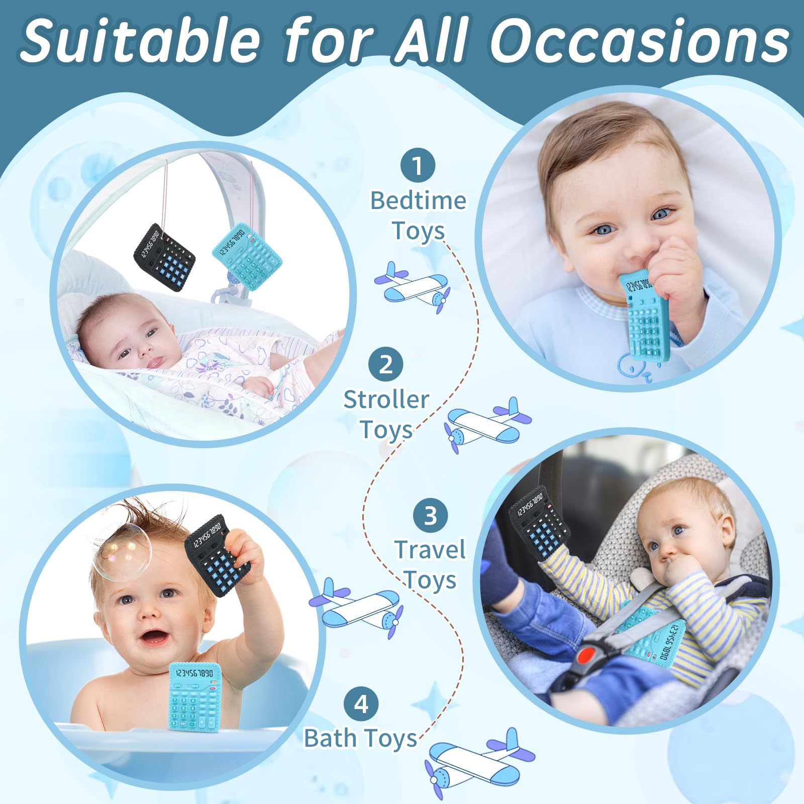 Teething Sensory Toys for Baby Autism 0 6 Months, Baby Teething Bath Toys for Newborn 3 6 9 12 Months Boys Girls Gifts, Food Grade Silicone Calculator Teethers Chew Toys (BlackandBlue)