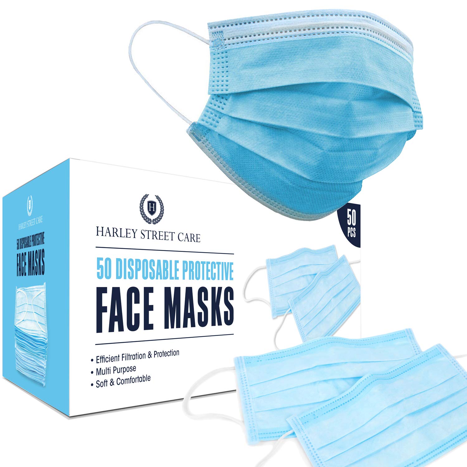 H HARLEY STREET CARE Disposable Blue Face Masks Protective 3 Ply Breathable Triple Layer Mouth Cover with Elastic Earloops (Pack of 50)