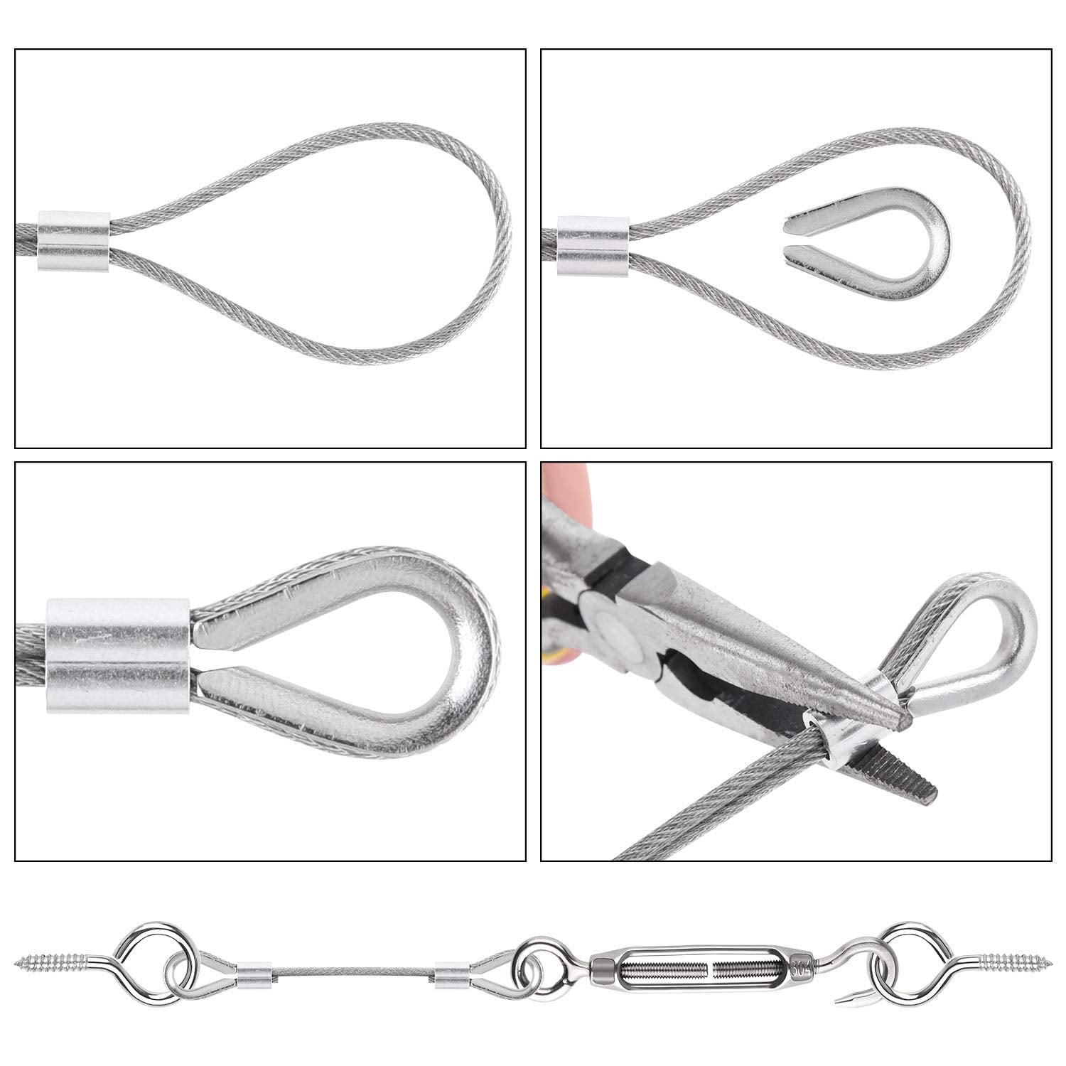 CHRORINE 24 Pcs Garden Wire Rope Kit 304 Stainless Steel M5 Turnbuckle Tensioner Cable Rope Wire Rope Thimble