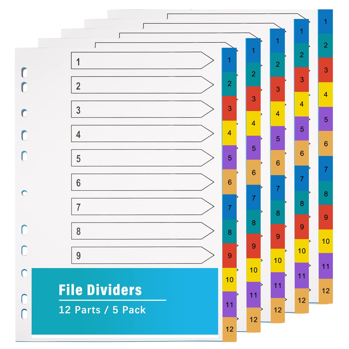 A4 Wide Colour Tabs 【5 Pack】File Dividers Coloured Mylar Multi Colours 1-12 Multipurpose Porous Index Dividers