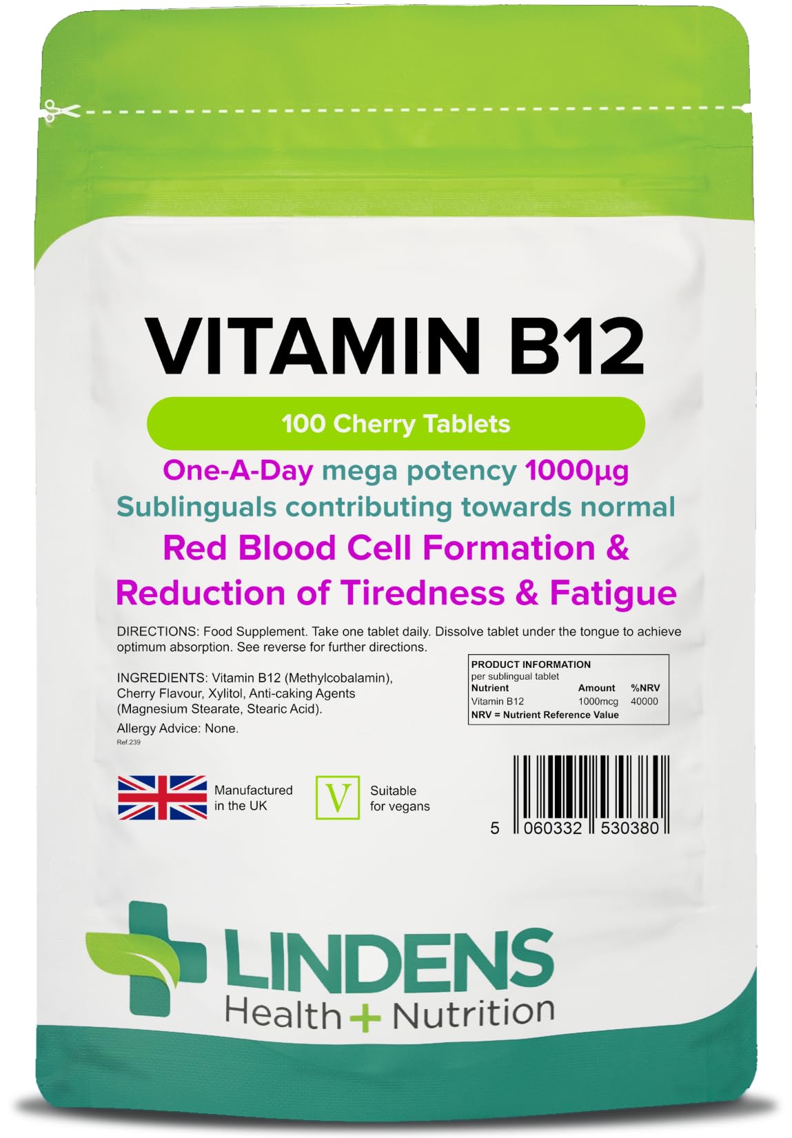 Lindens Vitamin B12 1000mcg Cherry Flavour Sublingual Tablets - 100 Pack - for Red Blood Cell Formation and Fatigue Reduction - Fast Absorption - UK Manufacturer, Letterbox Friendly