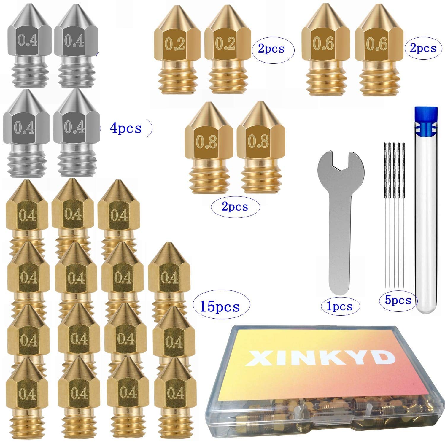 25pcs 3D Printer Nozzle, BrassandStainless Steel MK8 Nozzles for Extruder Print Head Compatible with Makerbot Creality CR-10 All Metal Hotend, Ender 3 / Ender 3 V2 / Ender 3 pro, Ender 5/5 pro/Prusa