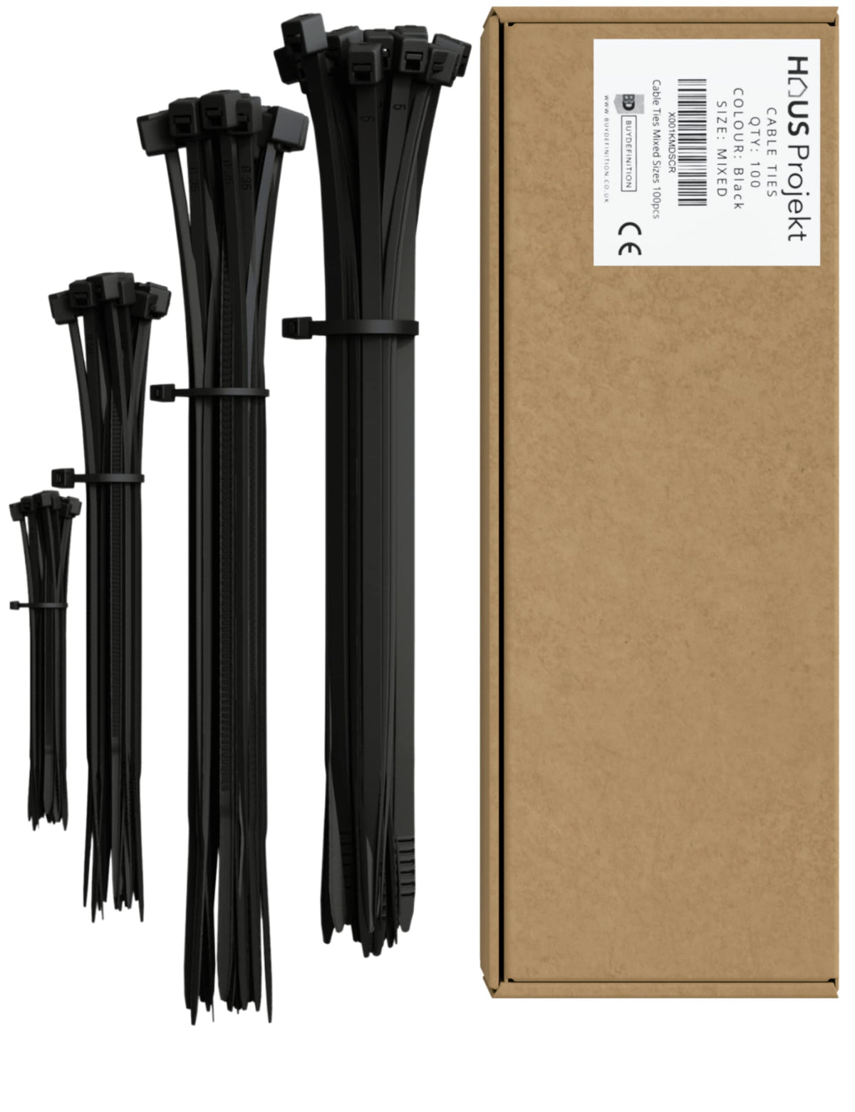 Haus Projekt Cable Ties 100 Pack Black, Mixed Size Assorted Zipties, 100/200mm x2.5, 300x3.6/4.8, Cable Management Tidy, Heavy Duty Plastic Zip Tie Wraps, Garden Cable Ties, Small Long Wire Organiser