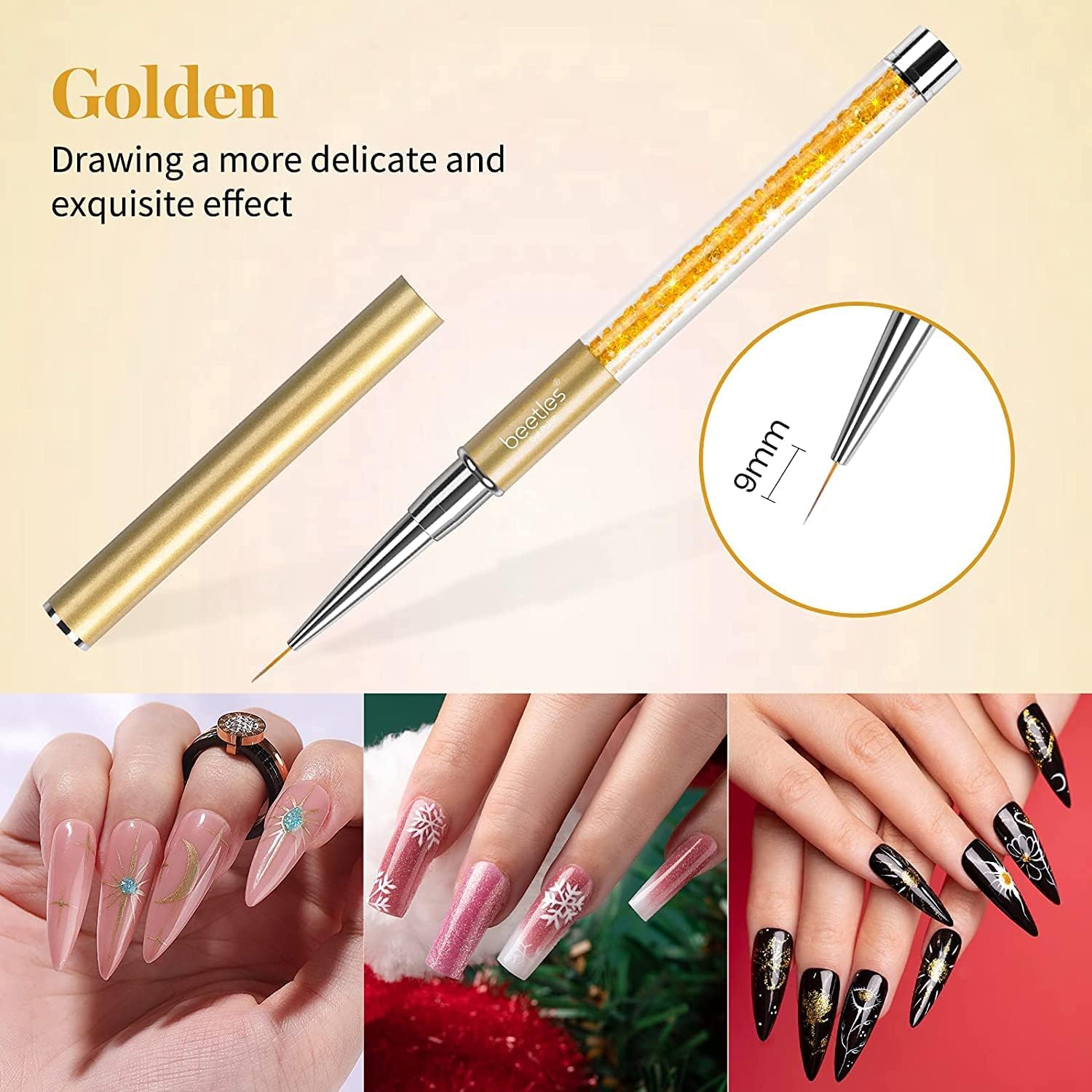 Beetles Nail Art Liner Brushes, Nail Gel Polish Painting Nail Art Design Brush Pen Set Diamond application Rhinestone Handle, Nail Dotting Painting Drawing Pen Sizes 5/7/9/11/20mm, 5Pcs