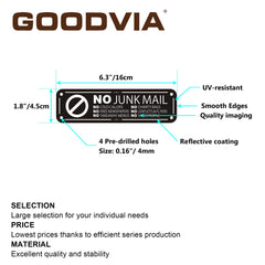 Goodvia 2x No Junk Mail Sticker for Letterbox 6.3x1.77inches Metal Aluminum Sign Self Adhesive for Front Door Wall Signs Rust Free UV Resistant and Waterprooff