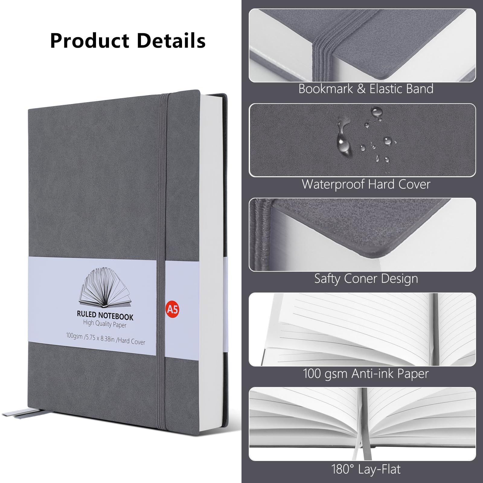 HIJYOO Notebook A5 Lined Journal 320 Pages 100gsm Paper Thick Note book Notepad with Inner Pocket, 2 ribbon page marker for Office School Home Business Writing & Note Taking (Grey)