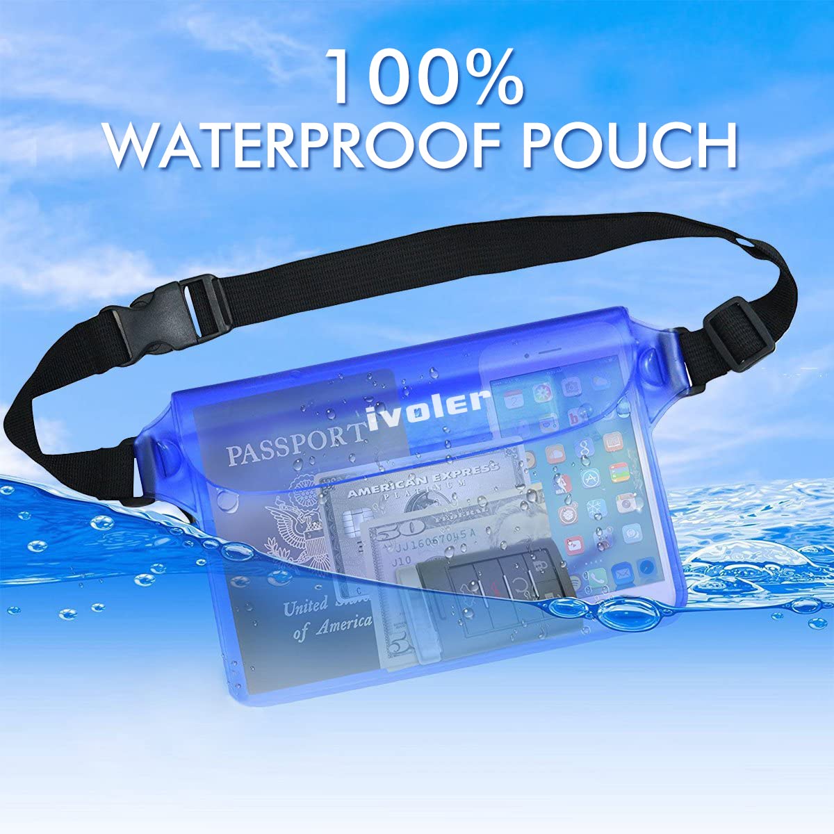 ivoler Waterproof Pouch Bag and Phone Case, Waterproof Case Dry Bag for Beach,Swim,Boating,Kayaking,Hiking,Protects Iphone Phone, Camera, Cash,Passport, Document from Water, Sand, Snow, Dust- Blue