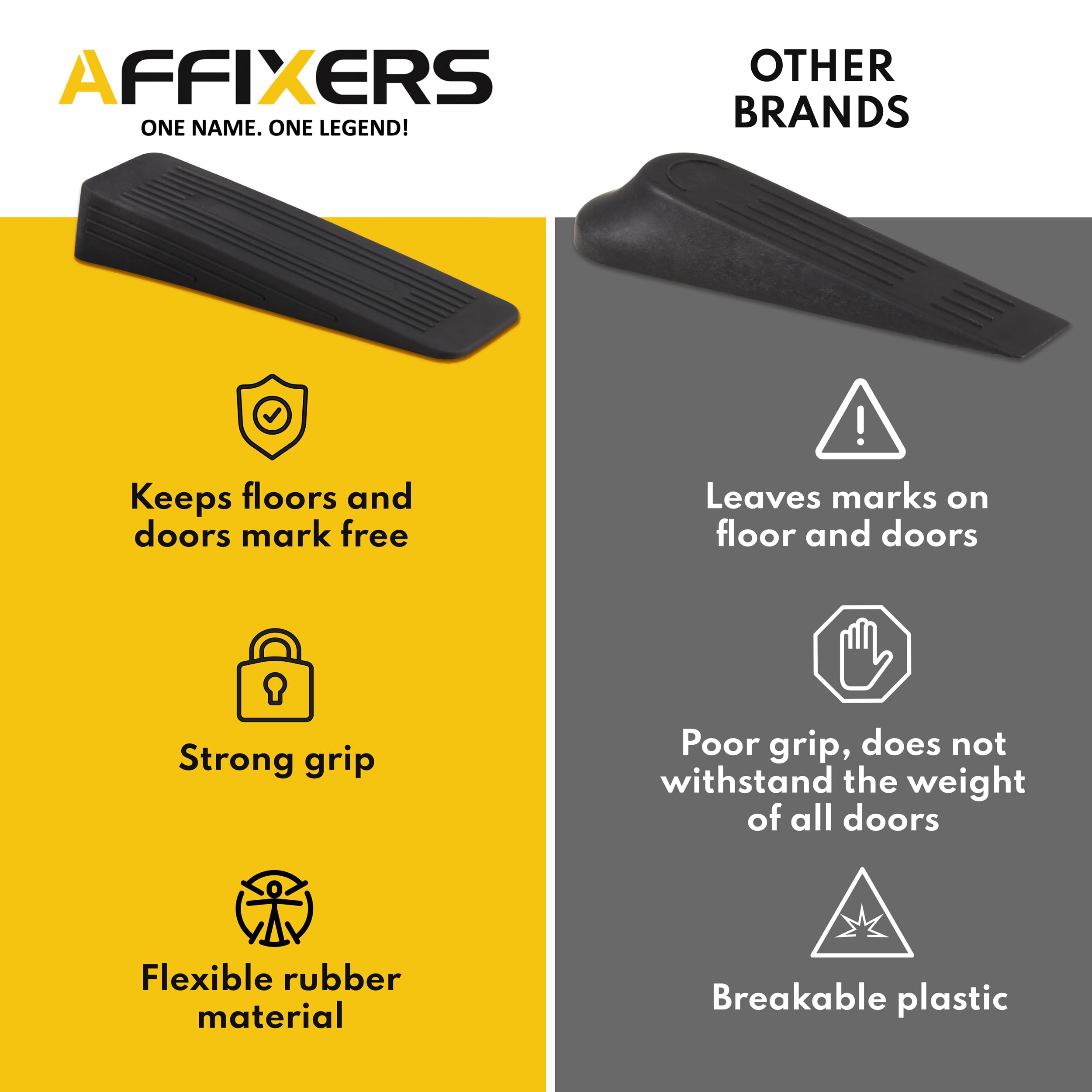 AFFIXERS Pack of 6 Black Door Stoppers for Floor, Anti-Skid, Durable, and Heavy Duty Rubber Door Stop Ideal for All Types Surfaces  Black Door Wedges Indoors