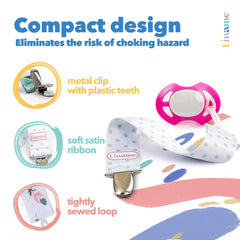 Liname Dummy Clip for Girls Boys with Bonus Teething Toy - 4 Pack Gift Packaging - Premium Quality & Unique Design - Dummy Clips Fit All Dummies & Soothers - Perfect Baby Gift (Pink, Metal Clip)