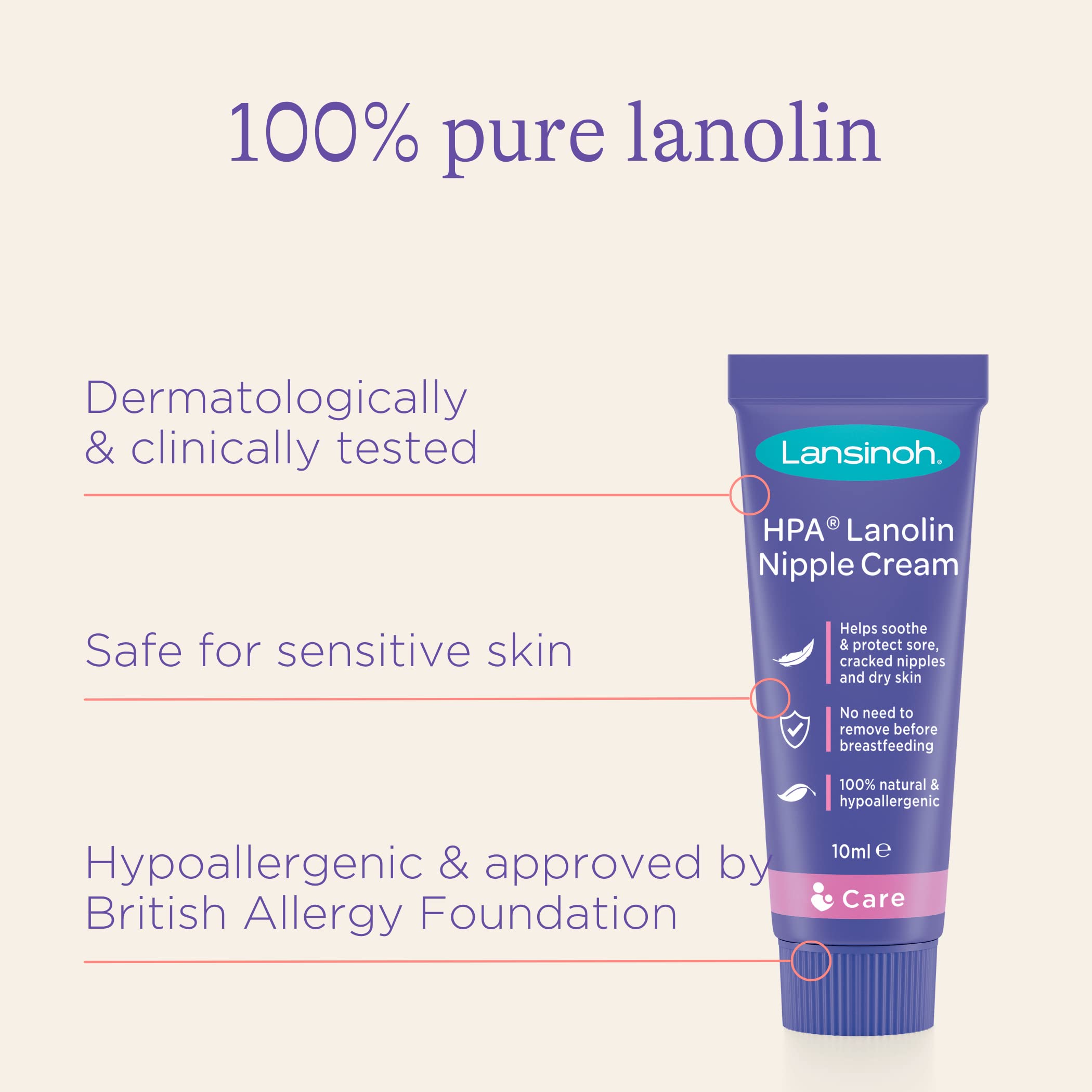 Lansinoh HPA Lanolin Nipple Cream for sore nipple & cracked skin, 100% natural single ingredient, breastfeeding essential, tasteless, odourless, hospital bag, moisturising, 10ml