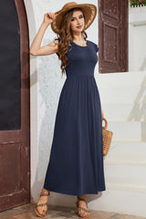 AUSELILY Summer Casual Long Dresses for Women Loose Plain Maxi Pockets Dresses Elegant Ruffle Petal Sleeve Dress Navy Blue S