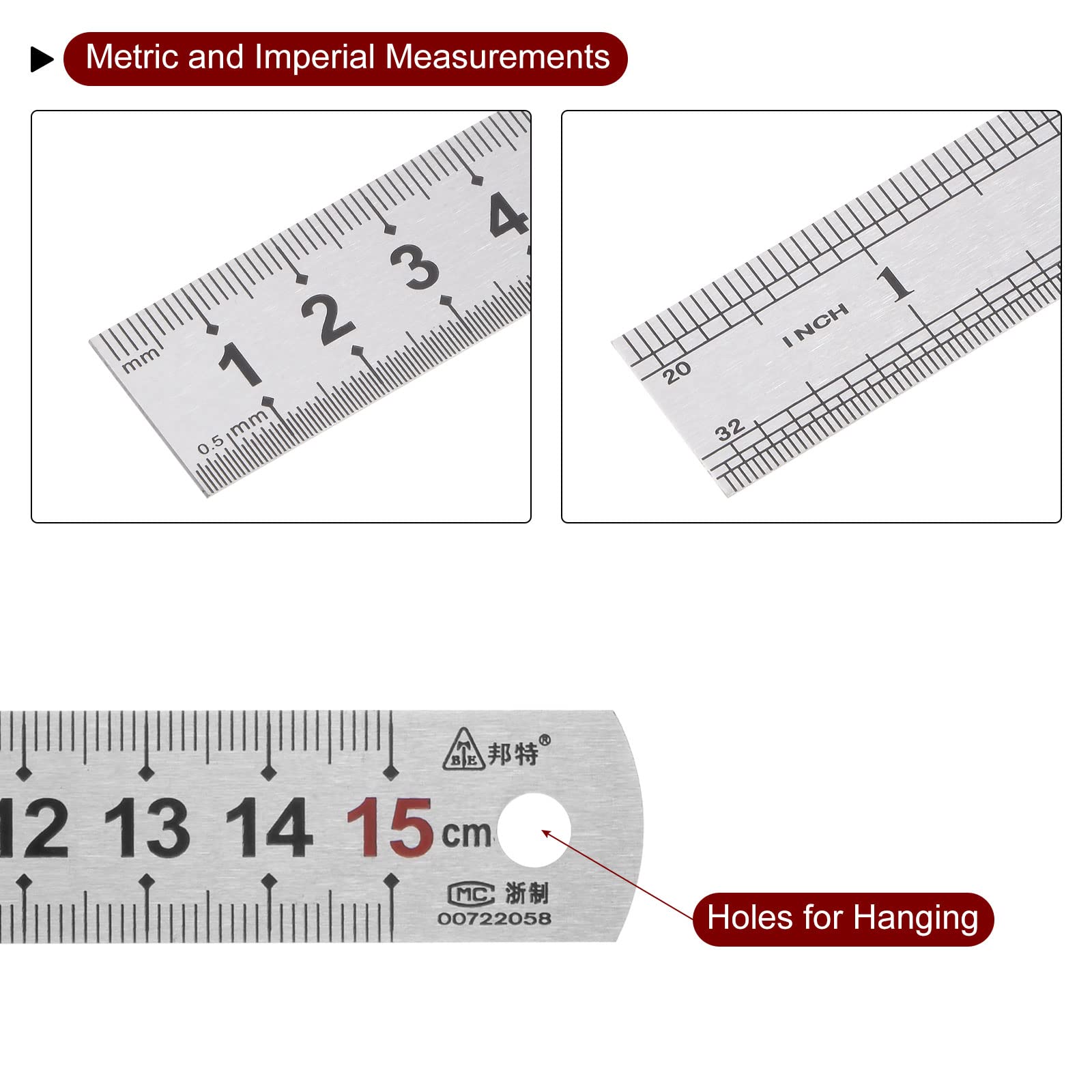 sourcing map 2pcs Stainless Steel Ruler 6-inch/15cm Metal Rulers 0.75 inches Wide, Inch and Metric Graduation Straight Edge Measuring Tool