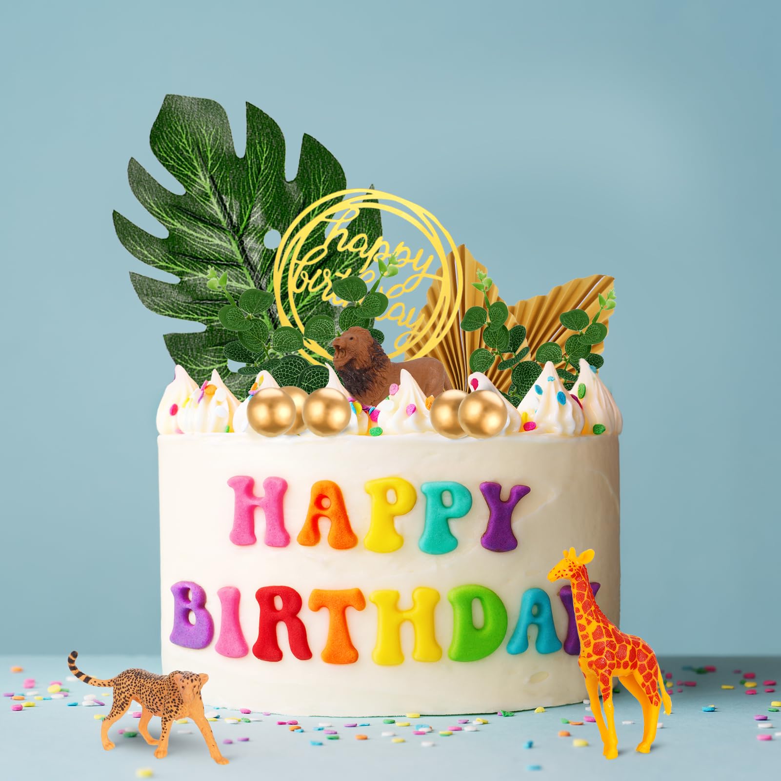 Heyu-Lotus Animal Cake Toppers, 15 PCS Safari Jungle Baby Shower Cake Toppers with Artificial Plam Leaves Eucalyptus Leaves Decors with Lion Giraffe Cheetah for Wild Theme Birthday Baby Shower Party